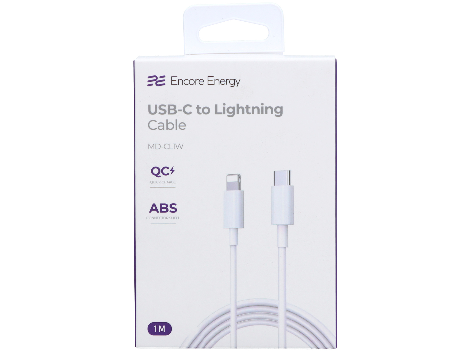 Białe opakowanie kabla USB-C do Lightning z logo marki.
