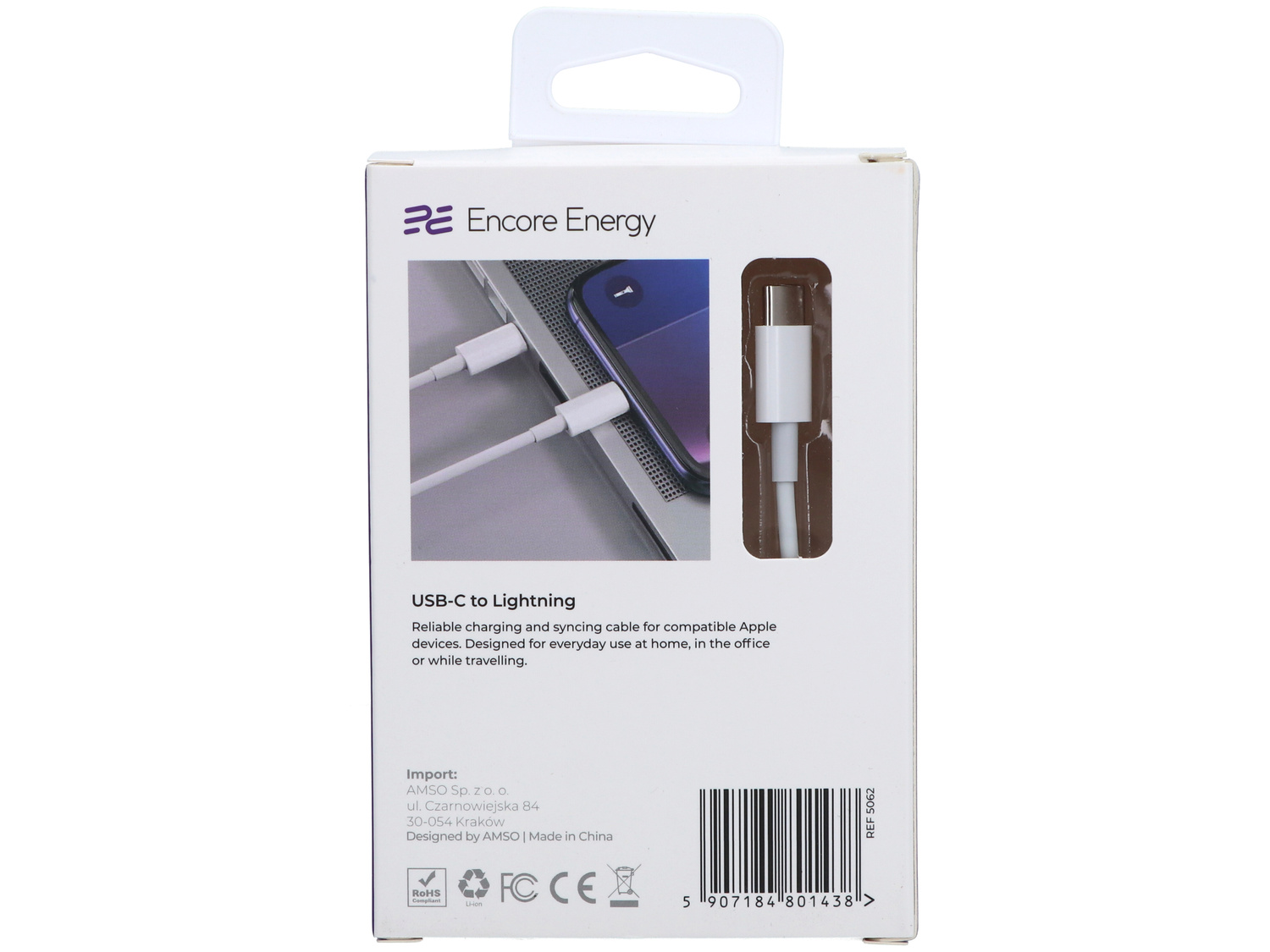 Białe opakowanie kabla USB-C na Lightning ze zdjęciami produktu i kodem kreskowym.