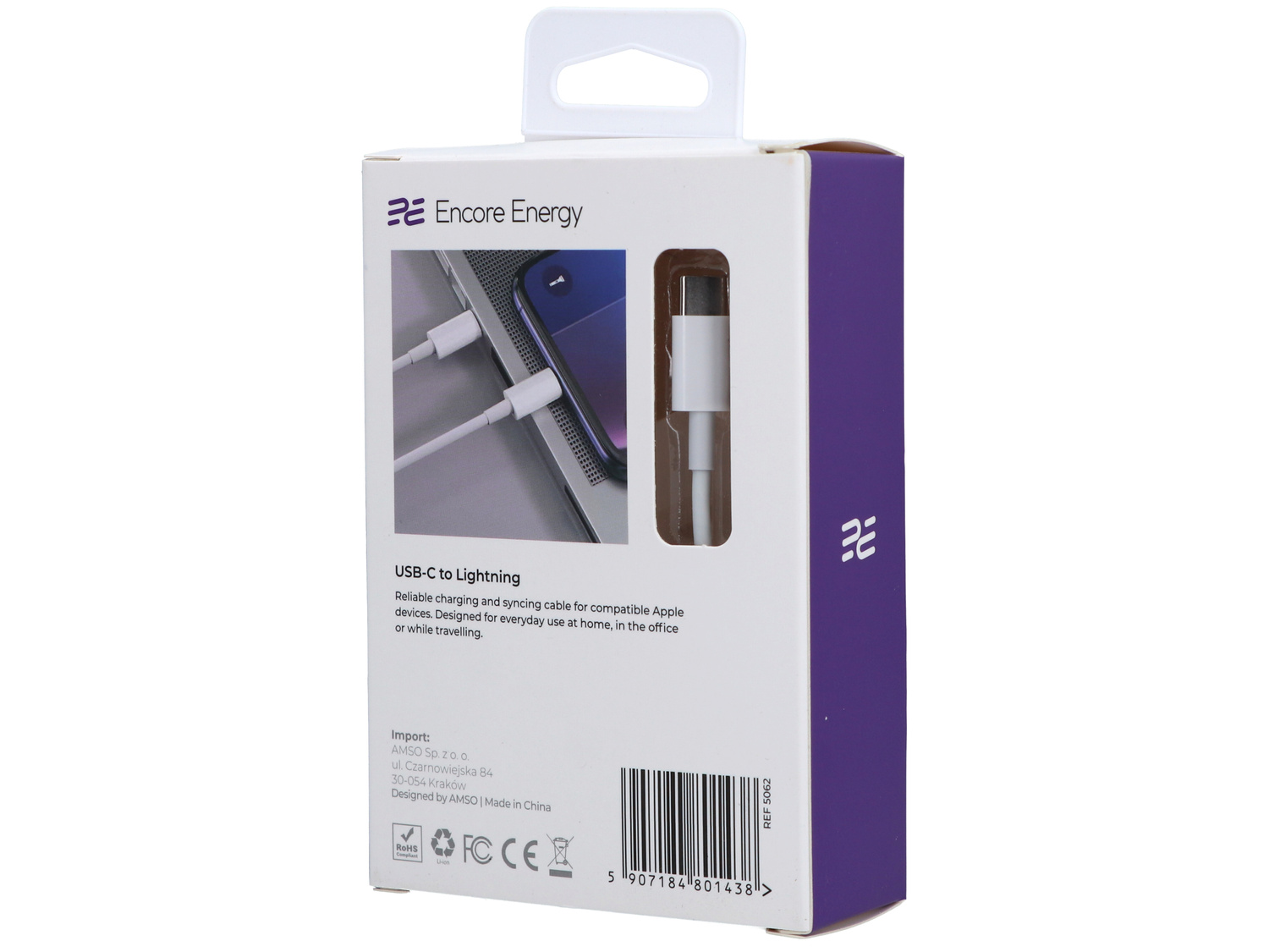 Białe pudełko produktu Encore Energy z napisem USB-C na Lightning, kodem kreskowym i obrazem kabla.