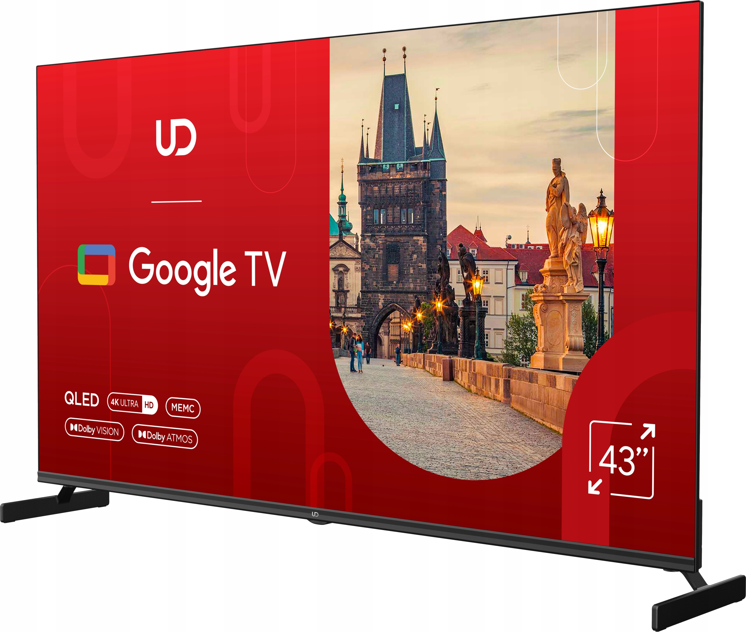 43-calowy telewizor Google TV wyświetla na czerwonym ekranie obraz Mostu Karola w Pradze.