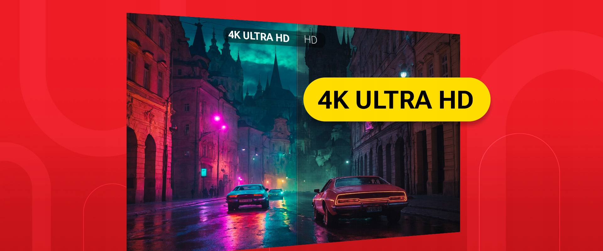 Podzielony ekran porównuje jakość 4K Ultra HD i standardowego HD na oświetlonej ulicy.