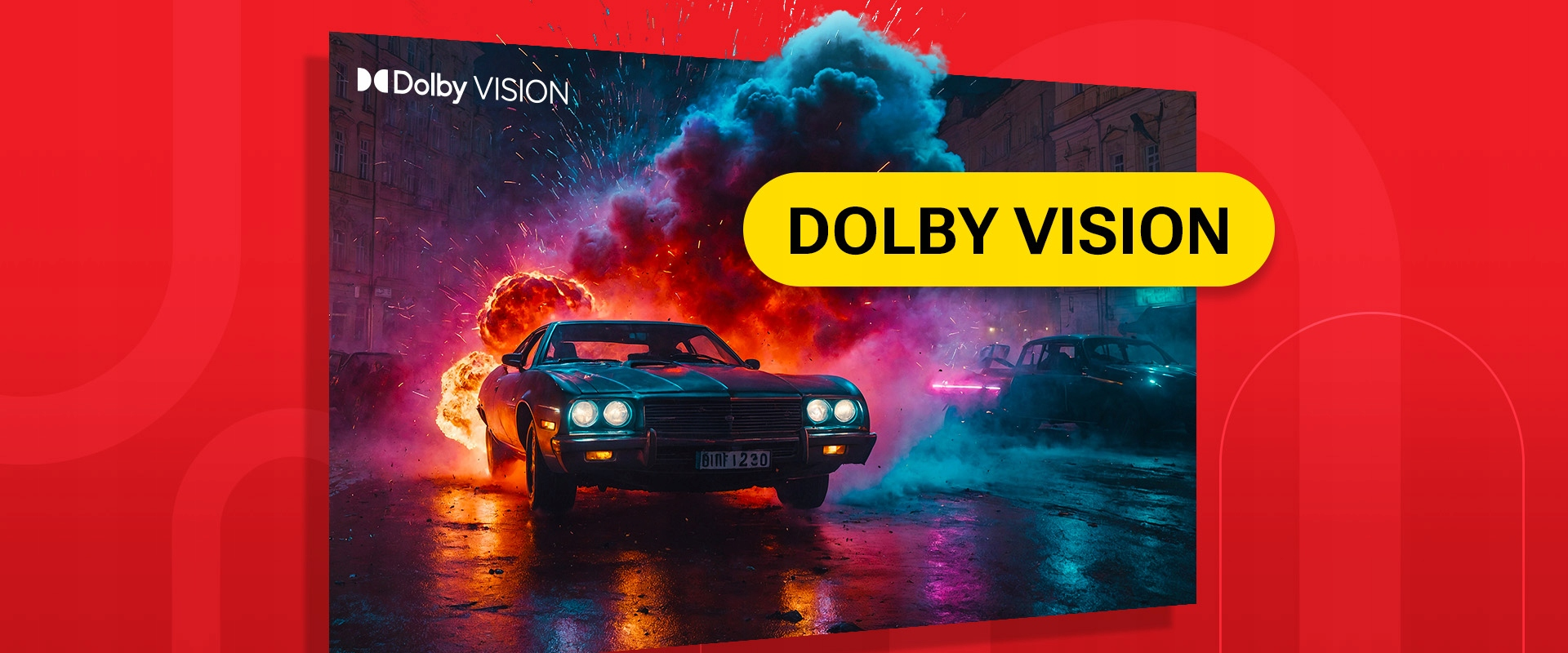 Klasyczny samochód na ulicy w nocy z wybuchem, dymem i logo Dolby Vision.