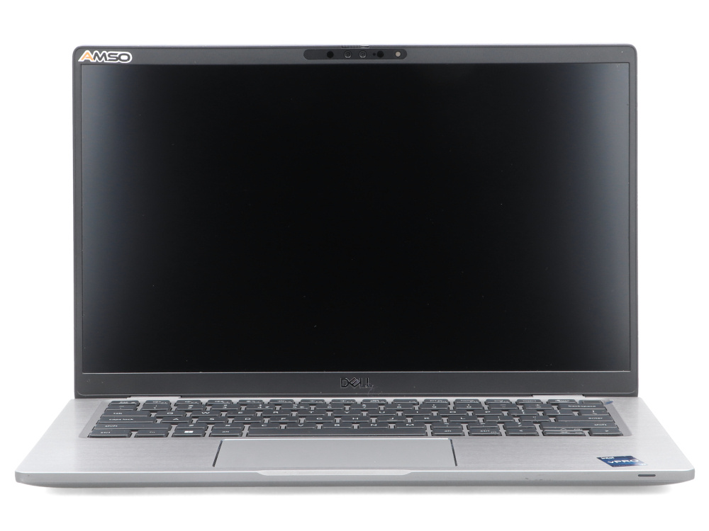 Otwarty szary laptop Dell stoi na białej powierzchni z czarnym ekranem.