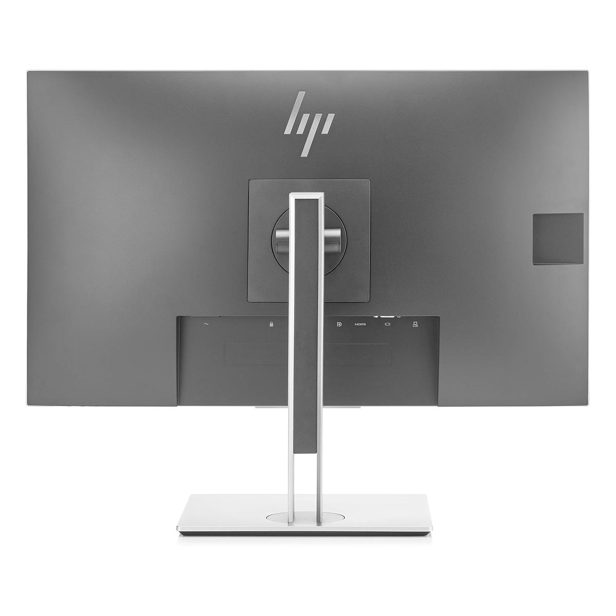 Widok z tyłu szarego monitora HP ze srebrnoszarą podstawą na białym tle.