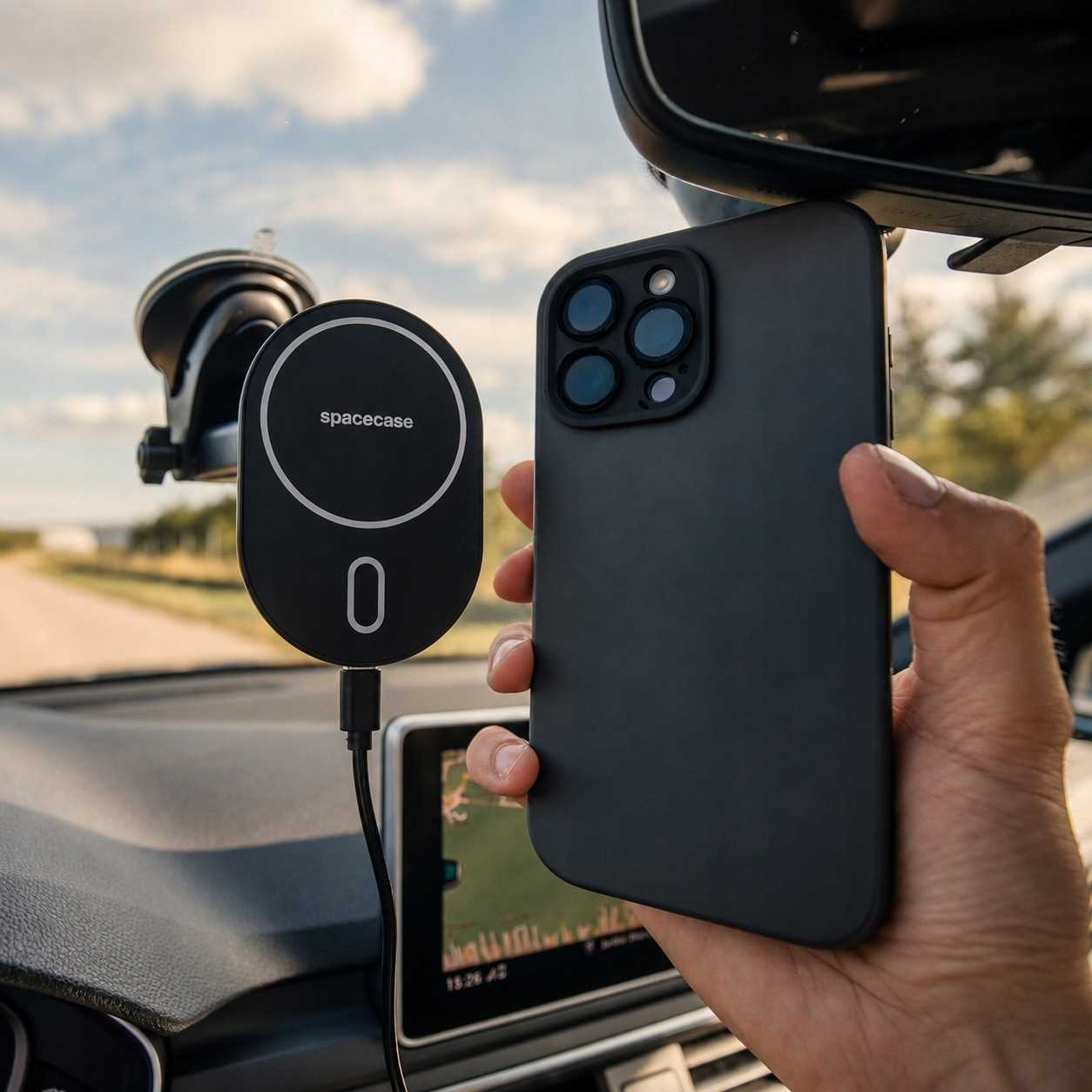 Ręka trzyma czarny smartfon w pobliżu magnetycznego uchwytu samochodowego na desce rozdzielczej.