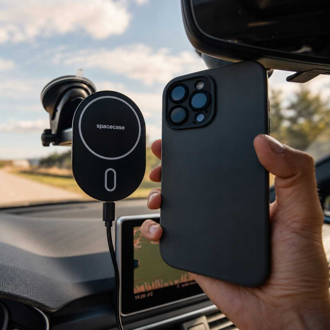 Ręka trzyma czarny smartfon obok magnetycznego uchwytu samochodowego spacecase przed szybą samochodu.
