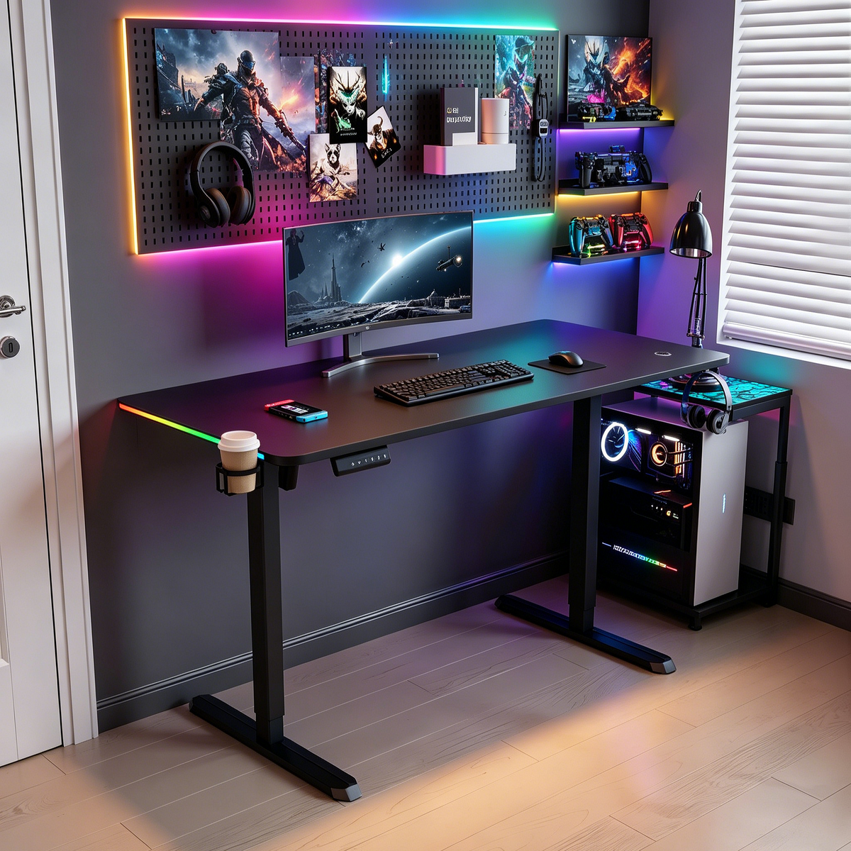 Nowoczesne stanowisko do gier z biurkiem RGB, monitorem, klawiaturą, myszką i komputerem.
