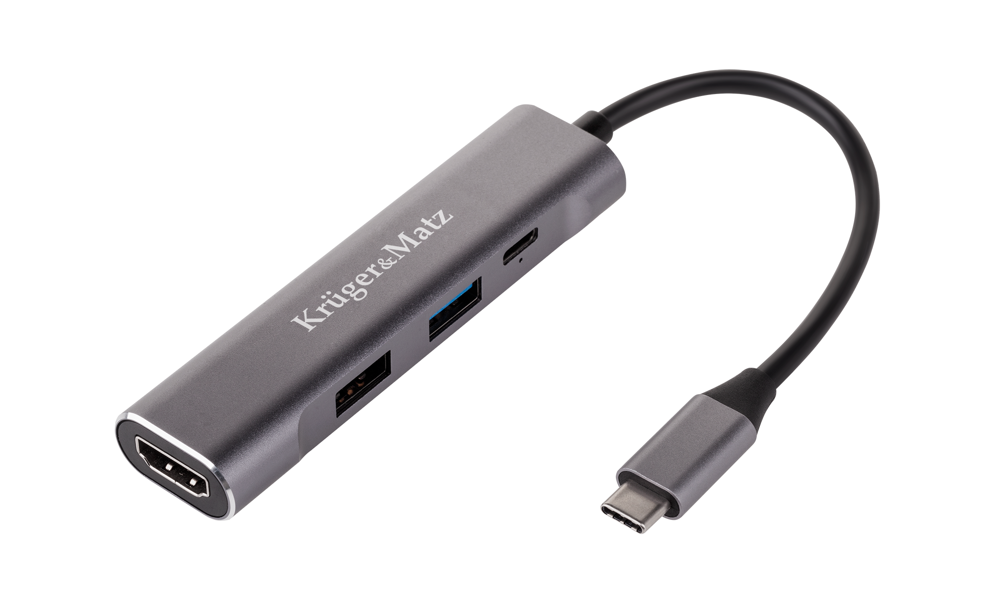 Szary hub USB-C z portami HDMI, USB i USB-C oraz dołączonym kablem.