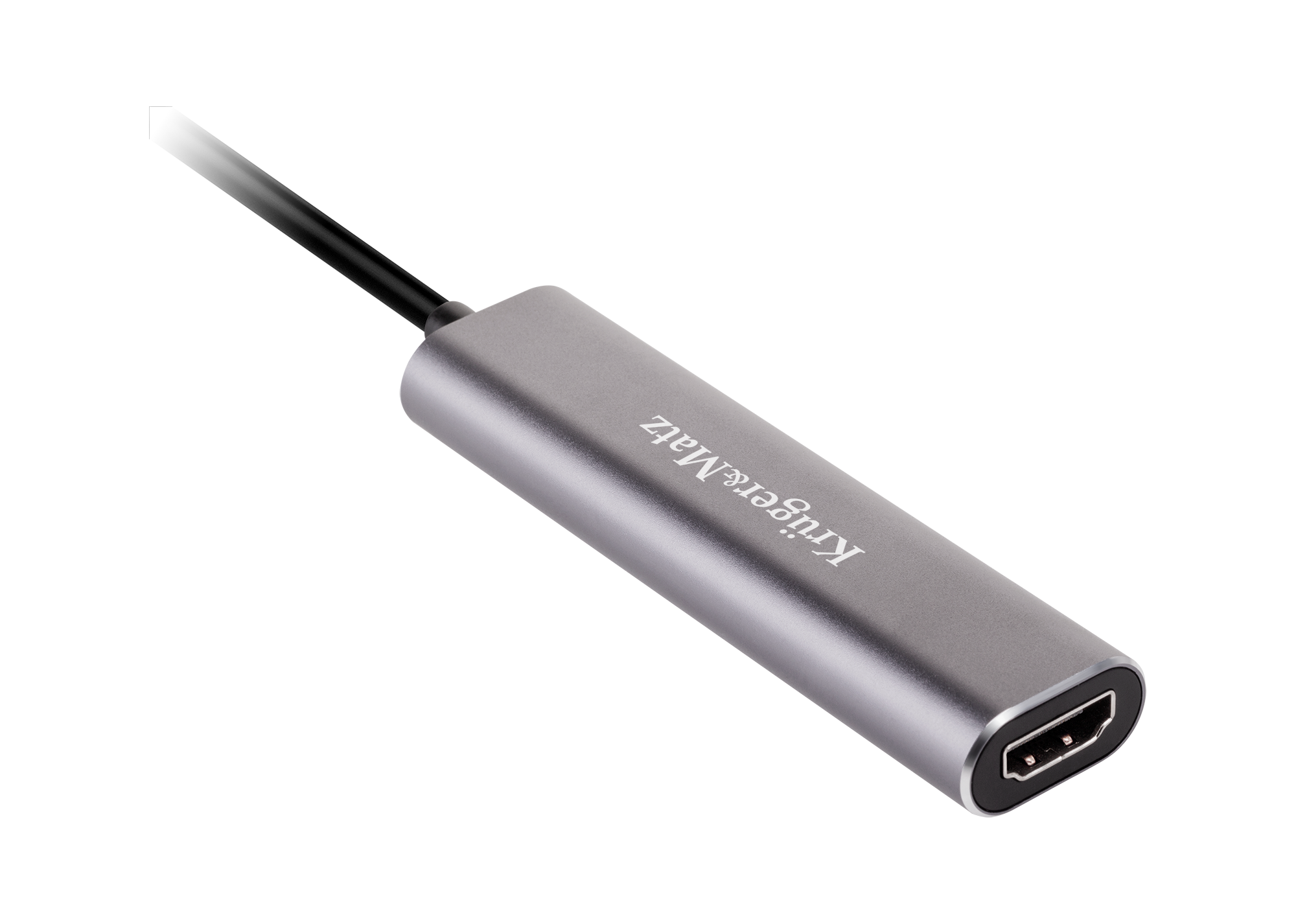 Szary adapter HDMI Kruger&Matz z czarnym kablem na białym tle.