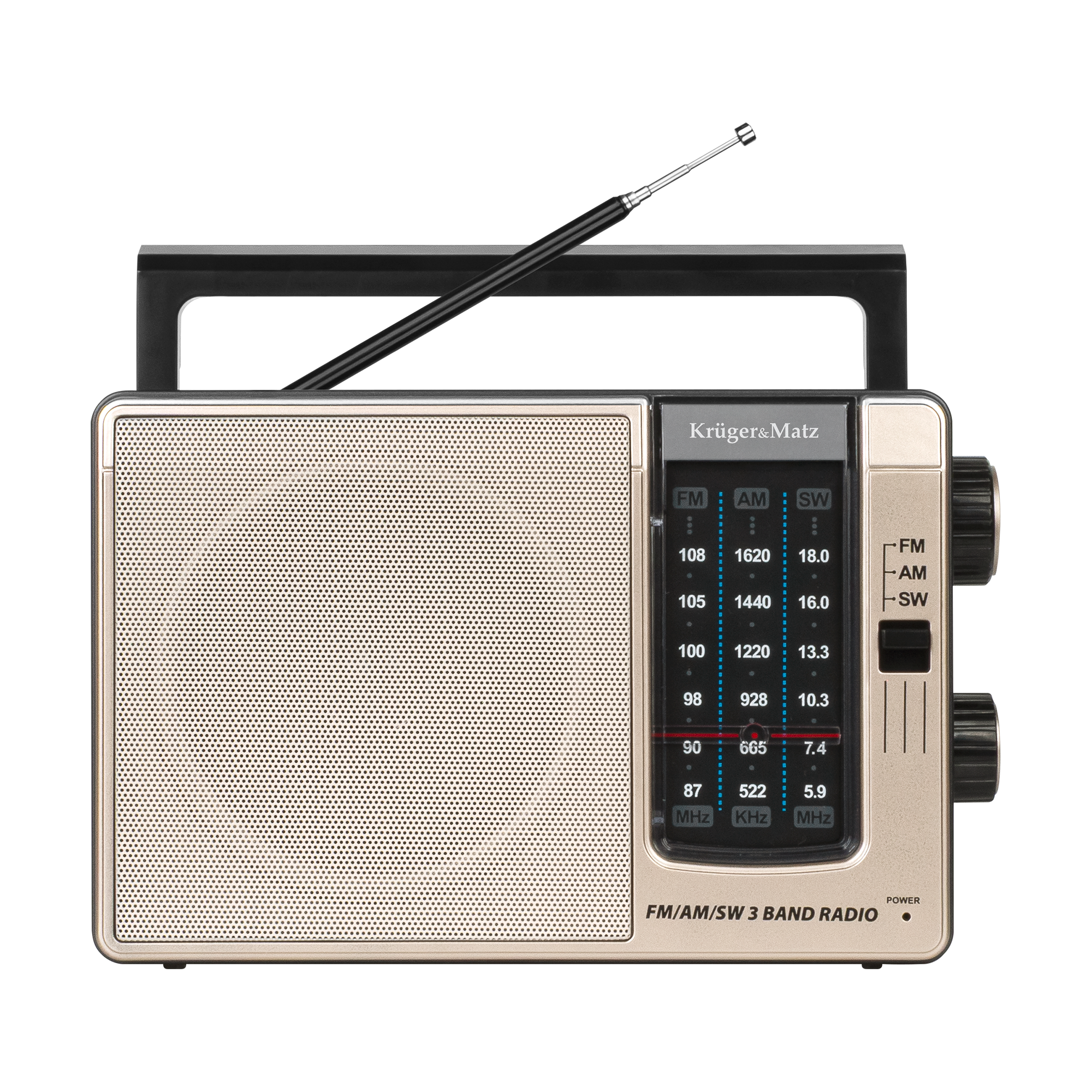 Złocisto-czarne radio przenośne z wysuwaną anteną i grillem głośnika.