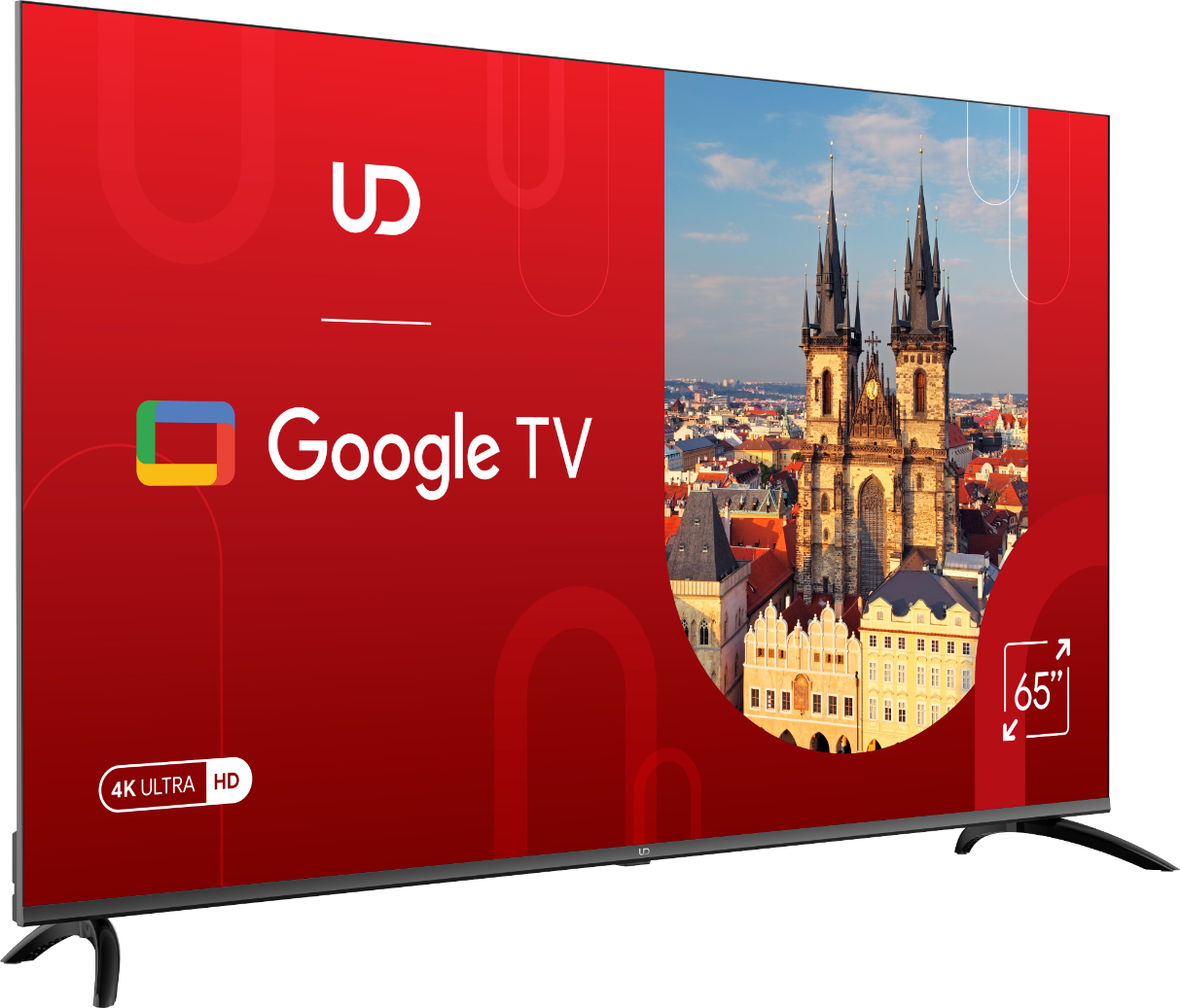 65-calowy telewizor Google TV wyświetla gotyckie budynki na czerwonym tle, logo Google TV i napis 4K Ultra HD.