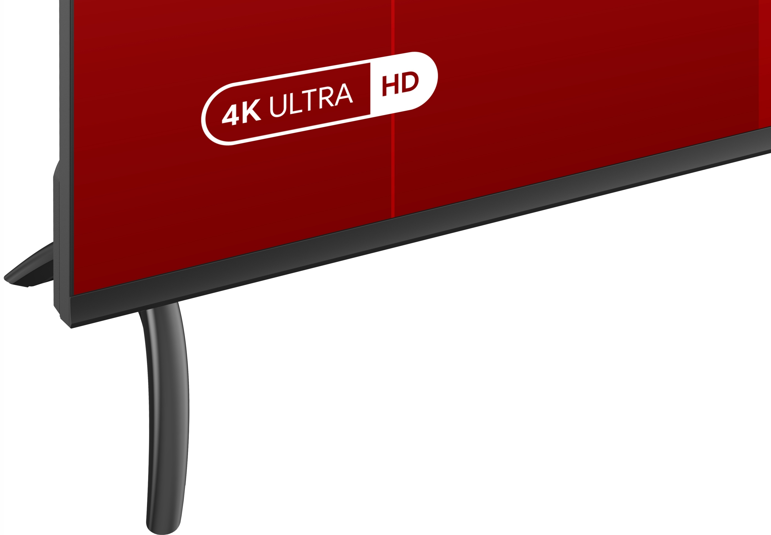 Czarny róg telewizora 4K Ultra HD z czerwonym ekranem i podstawą.