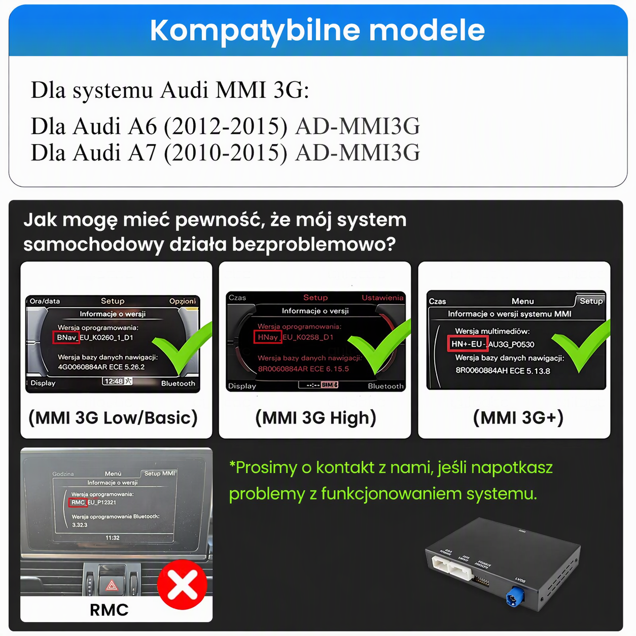 Kompatybilne modele Audi MMI 3G oraz instrukcja identyfikacji systemu.