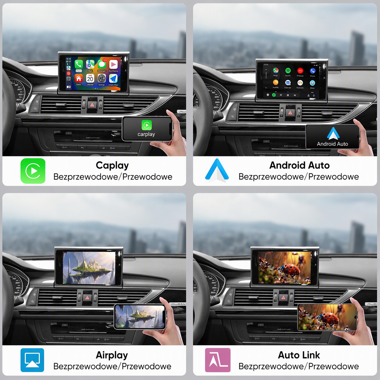 Cztery zdjęcia przedstawiają Apple CarPlay, Android Auto, Airplay i Auto Link na ekranie samochodu.