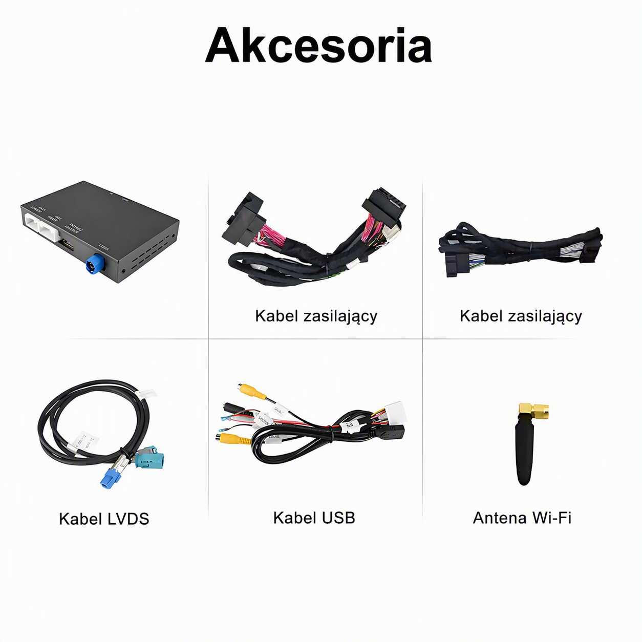 Zdjęcie produktu przedstawia akcesoria samochodowe, w tym skrzynkę sterowniczą, różne kable i antenę.