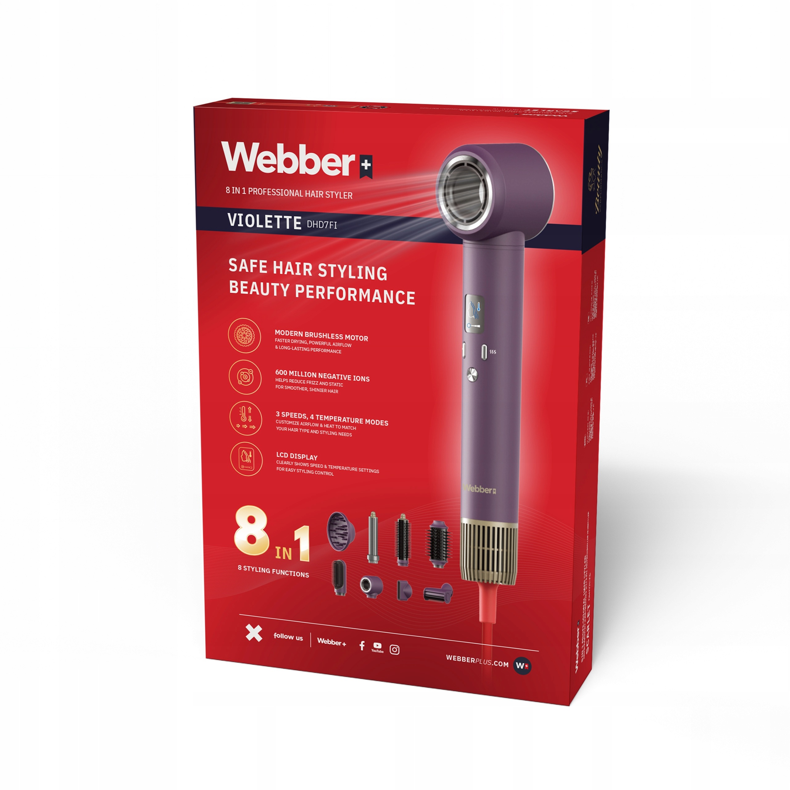 Czerwone pudełko produktu fioletowego urządzenia do stylizacji włosów Webber VIOLETTE 8 w 1.