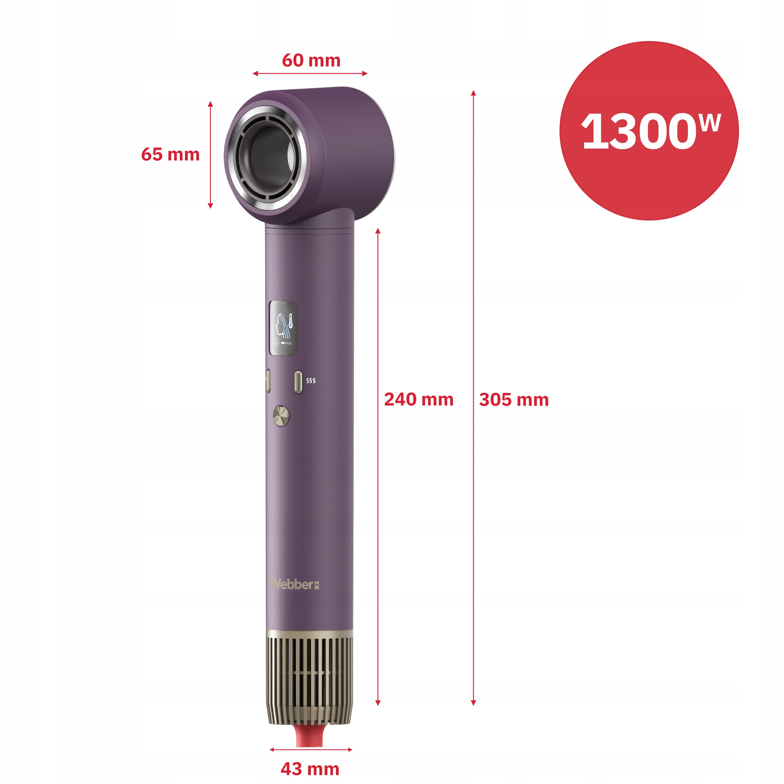 Fioletowa suszarka do włosów z wymiarami i wskaźnikiem 1300W.
