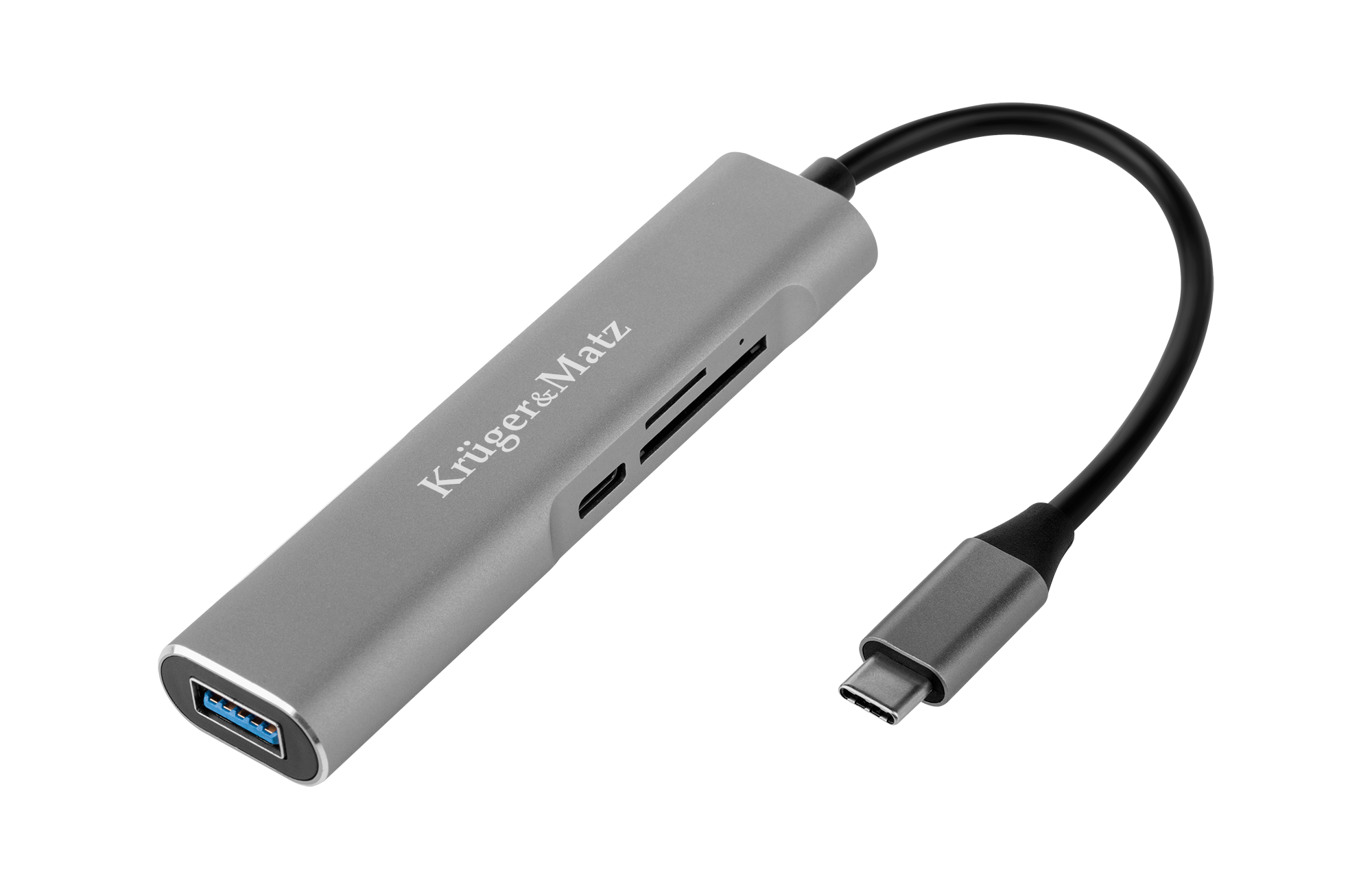 Szary hub USB-C Kruger&Matz z dołączonym kablem i wieloma portami na białym tle.
