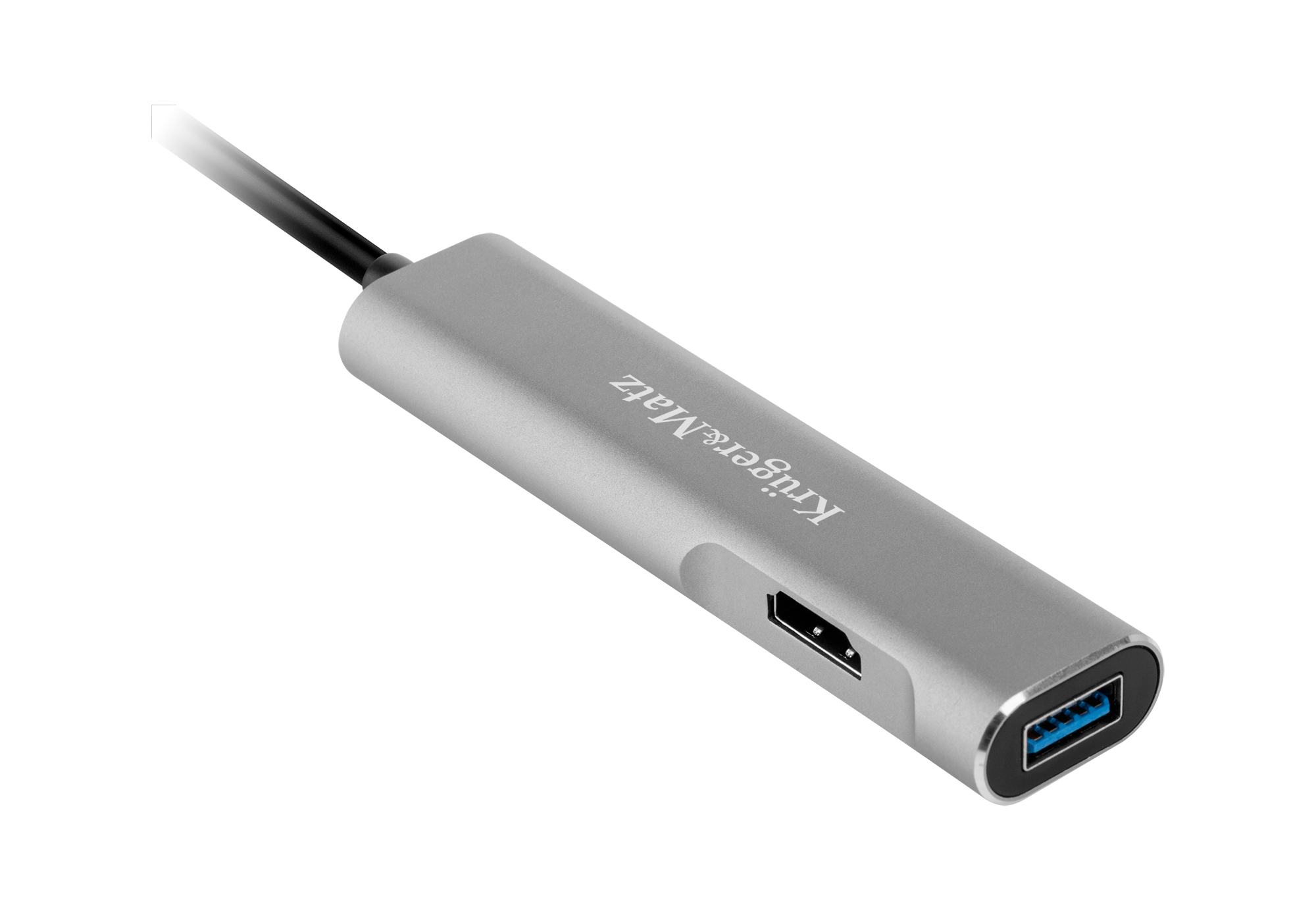 Srebrny hub USB-C z dołączonym kablem, z portem USB i portem HDMI.
