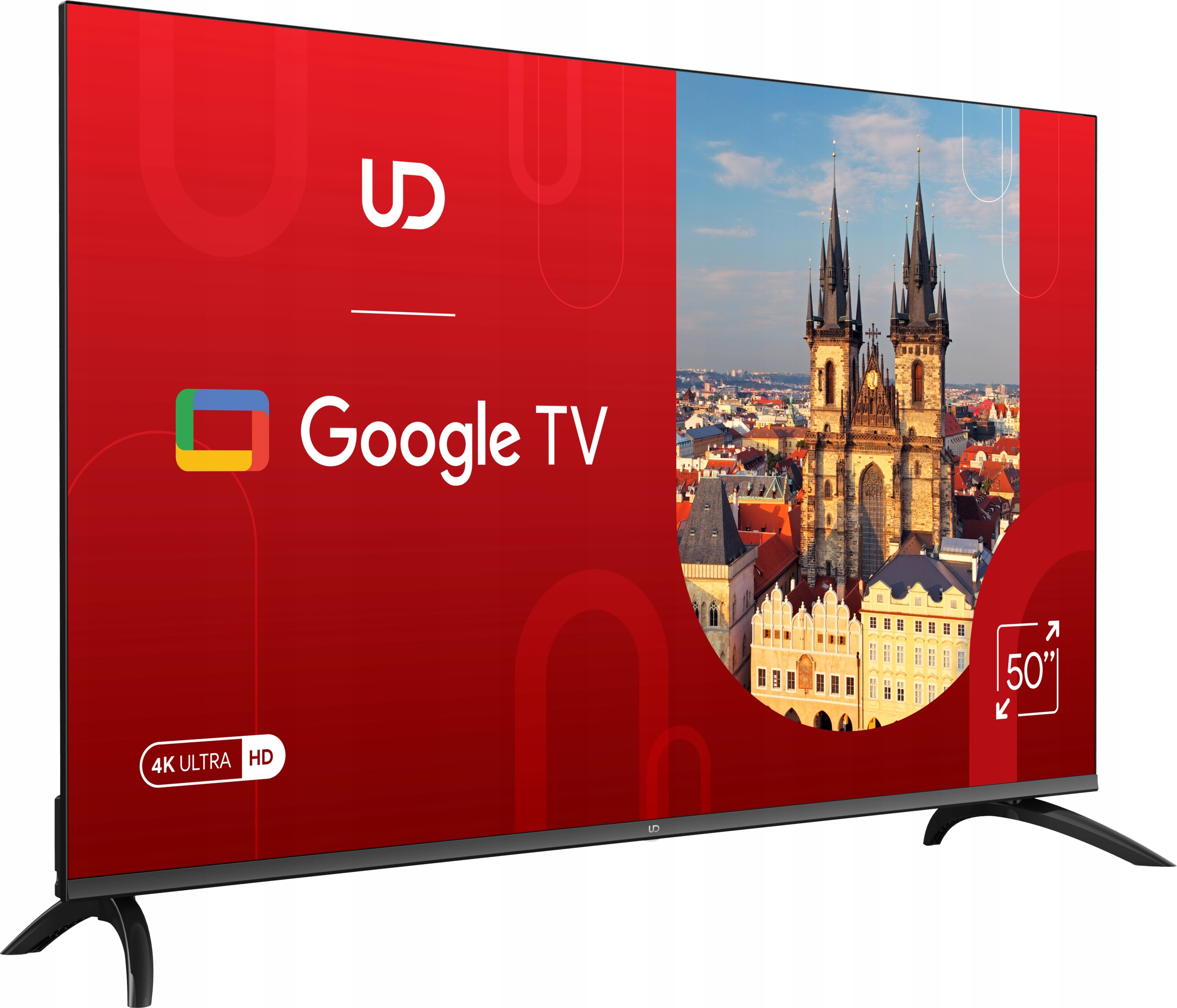 50-calowy telewizor Google TV z czerwonym ekranem przedstawia gotyckie budynki w Pradze i logo UD.