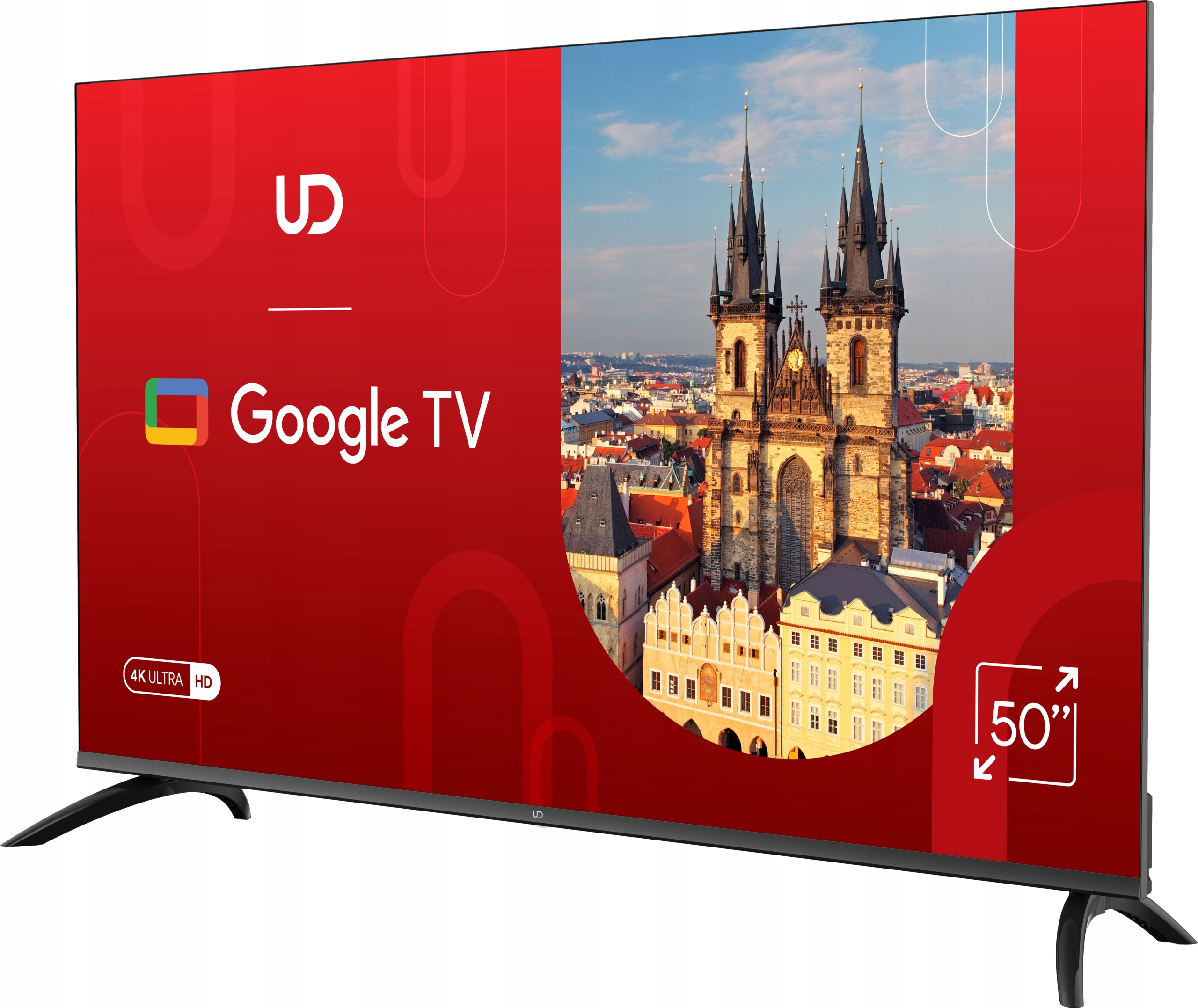 50-calowy telewizor Google TV wyświetla kościół Tyn w Pradze i miasto.