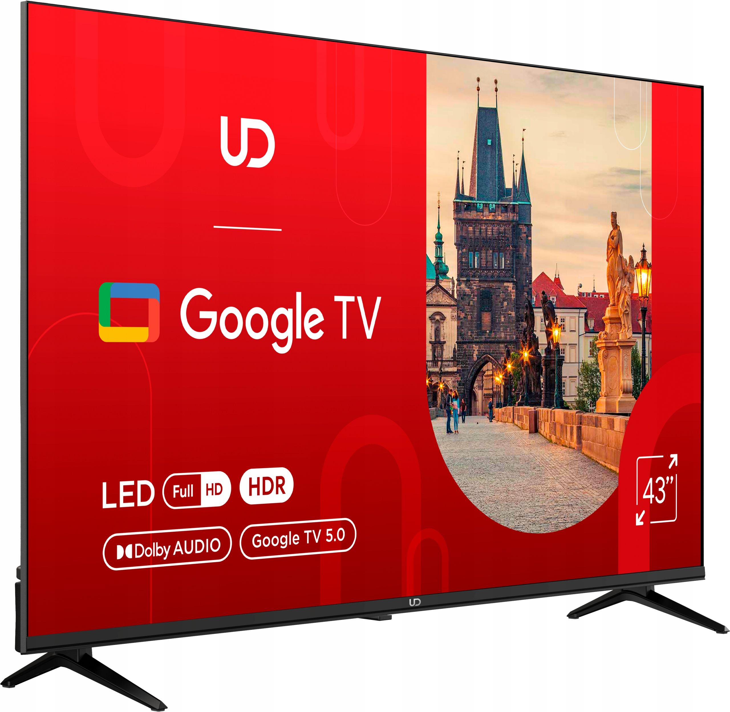 43-calowy Google TV z czerwonym tłem i widokiem miasta, logo LED, HDR i Dolby Audio.