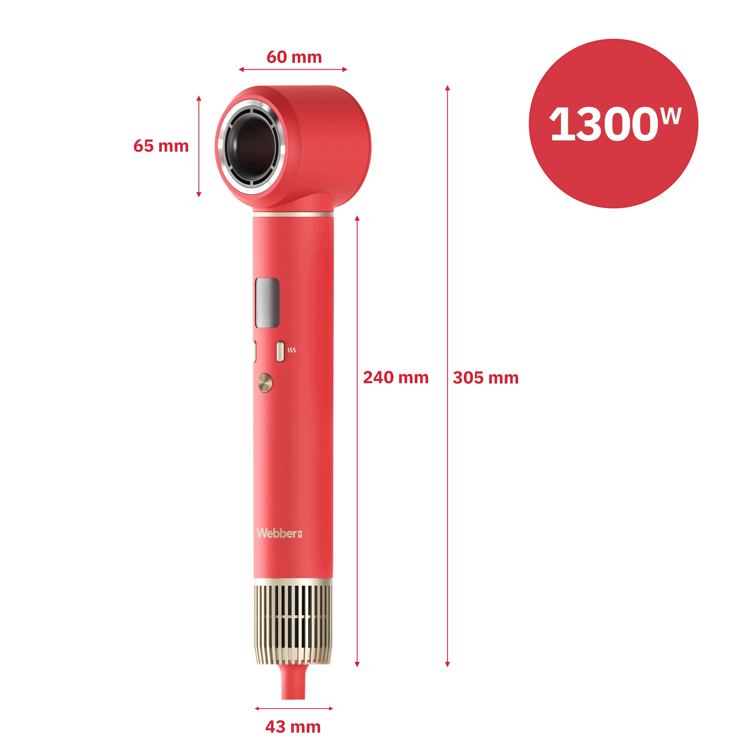Czerwona suszarka do włosów z wymiarami i wskaźnikiem 1300W.