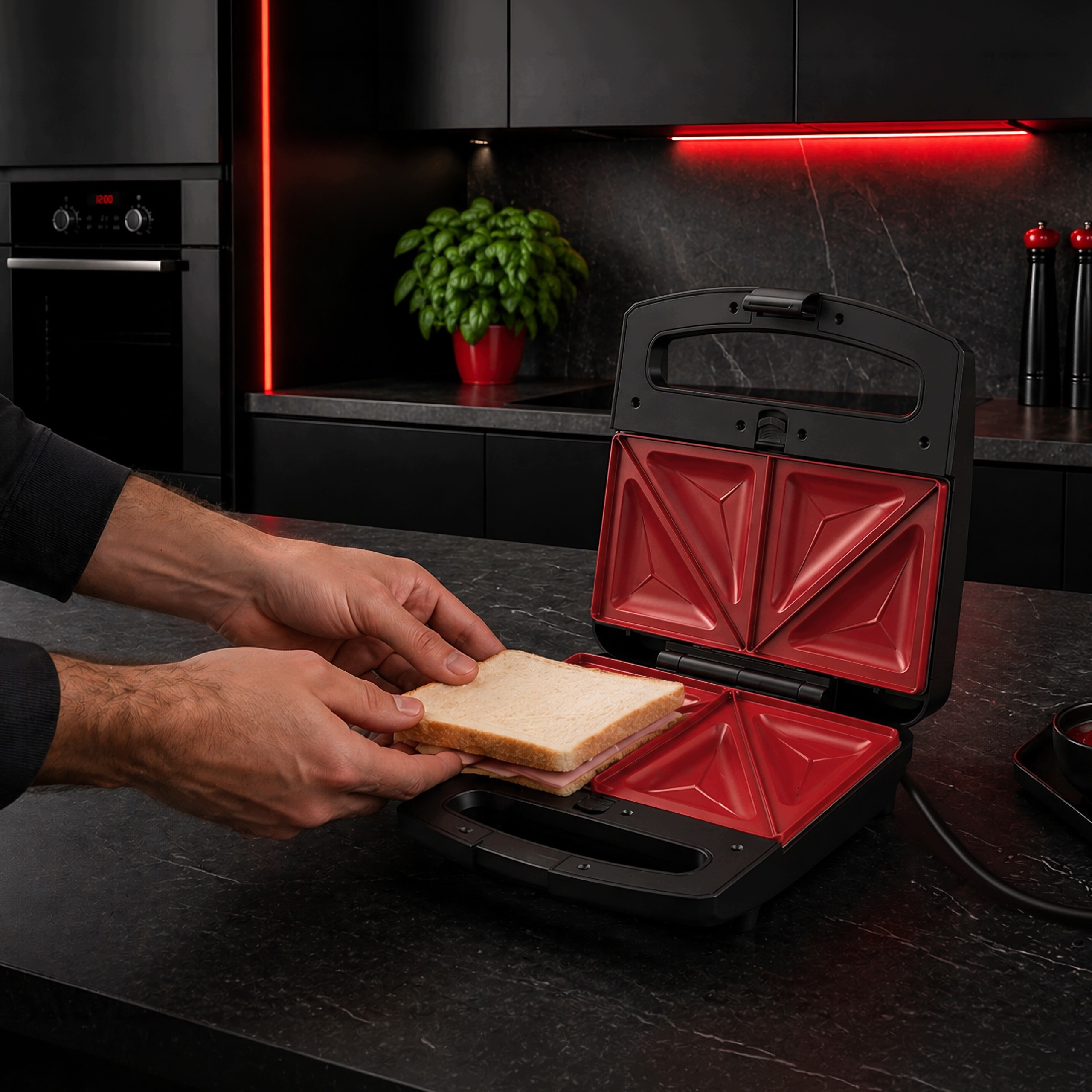 Ein Mensch legt ein Schinkensandwich in einen offenen roten Sandwichmaker in einer modernen Küche.