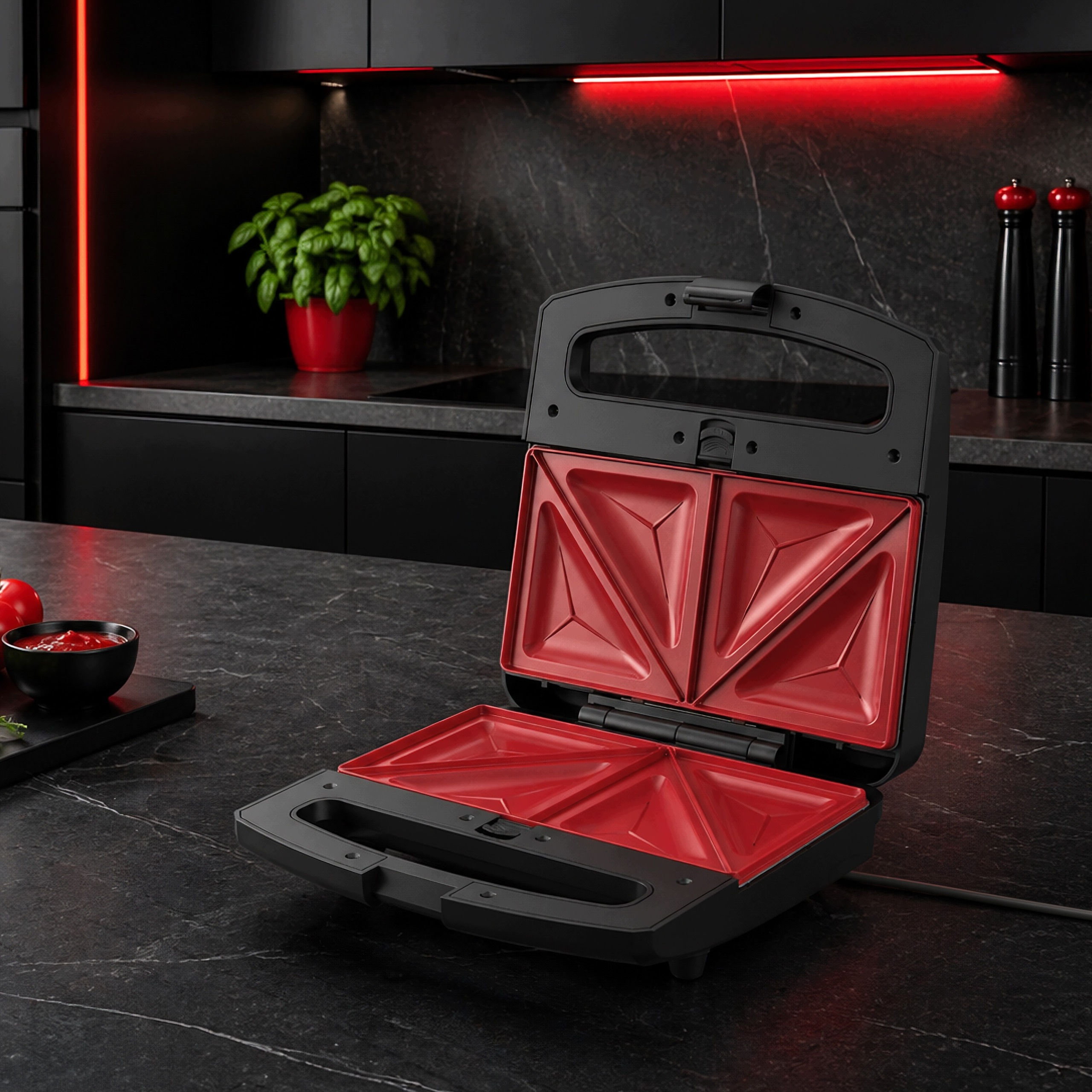 Ein offener, schwarz-roter Sandwichmaker steht auf einer dunklen Küchentheke mit roten Lichtakzenten im Hintergrund.
