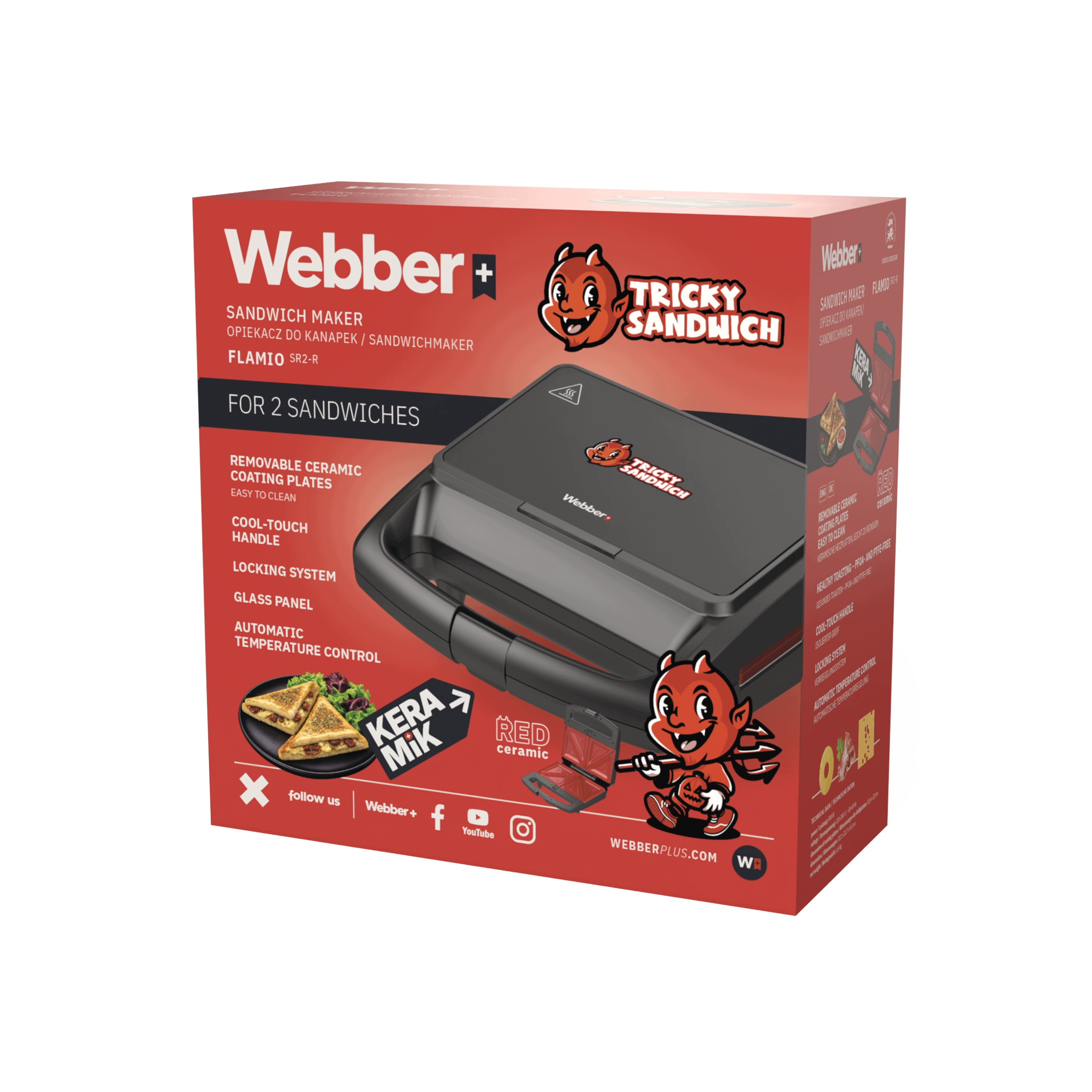 Rot-schwarze Verpackung des Webber Tricky Sandwichmakers mit Produktmerkmalen und Cartoon-Teufel-Logo.