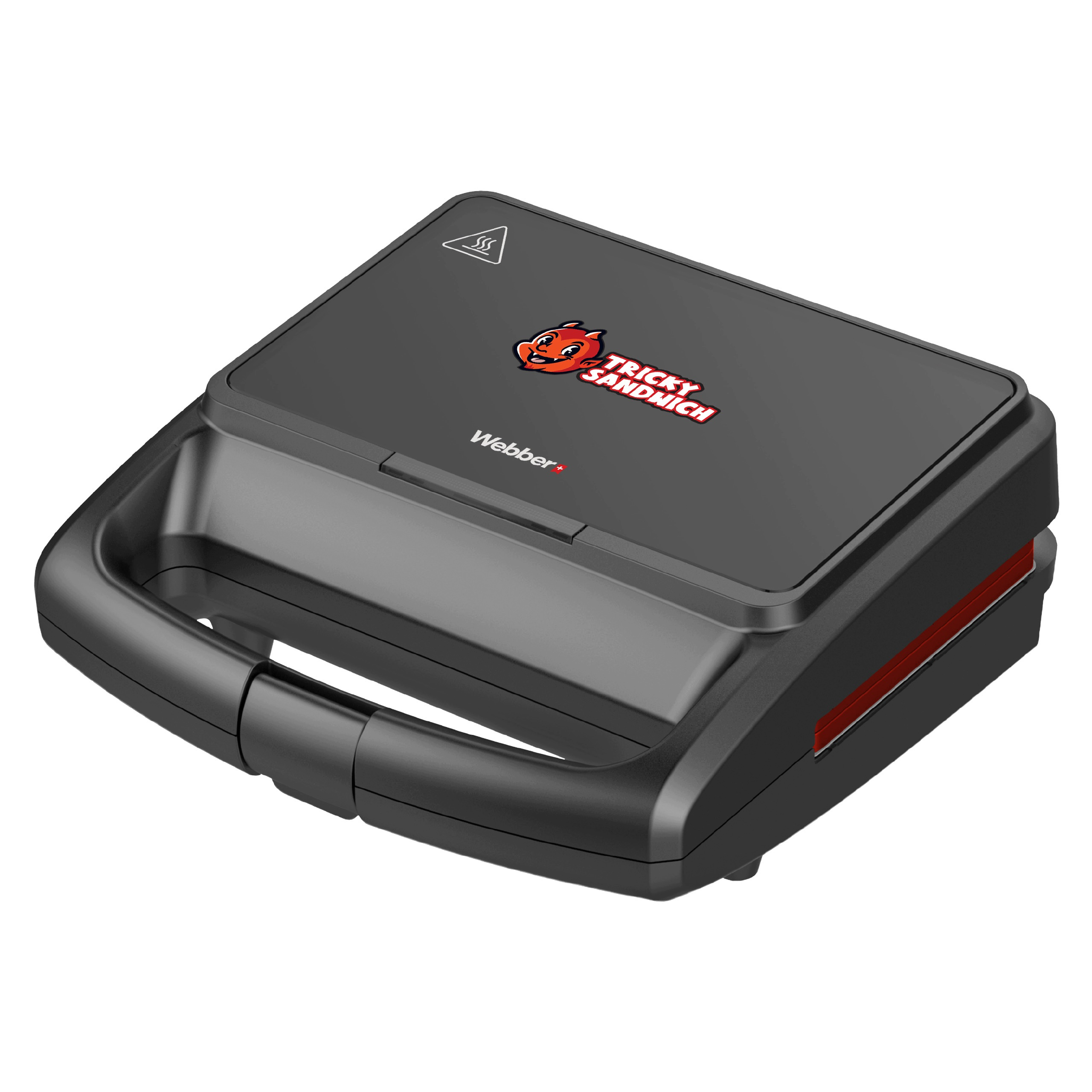 Schwarzer Sandwichmaker mit rotem Teufelslogo und der Aufschrift Tricky Sandwich auf der Oberseite.