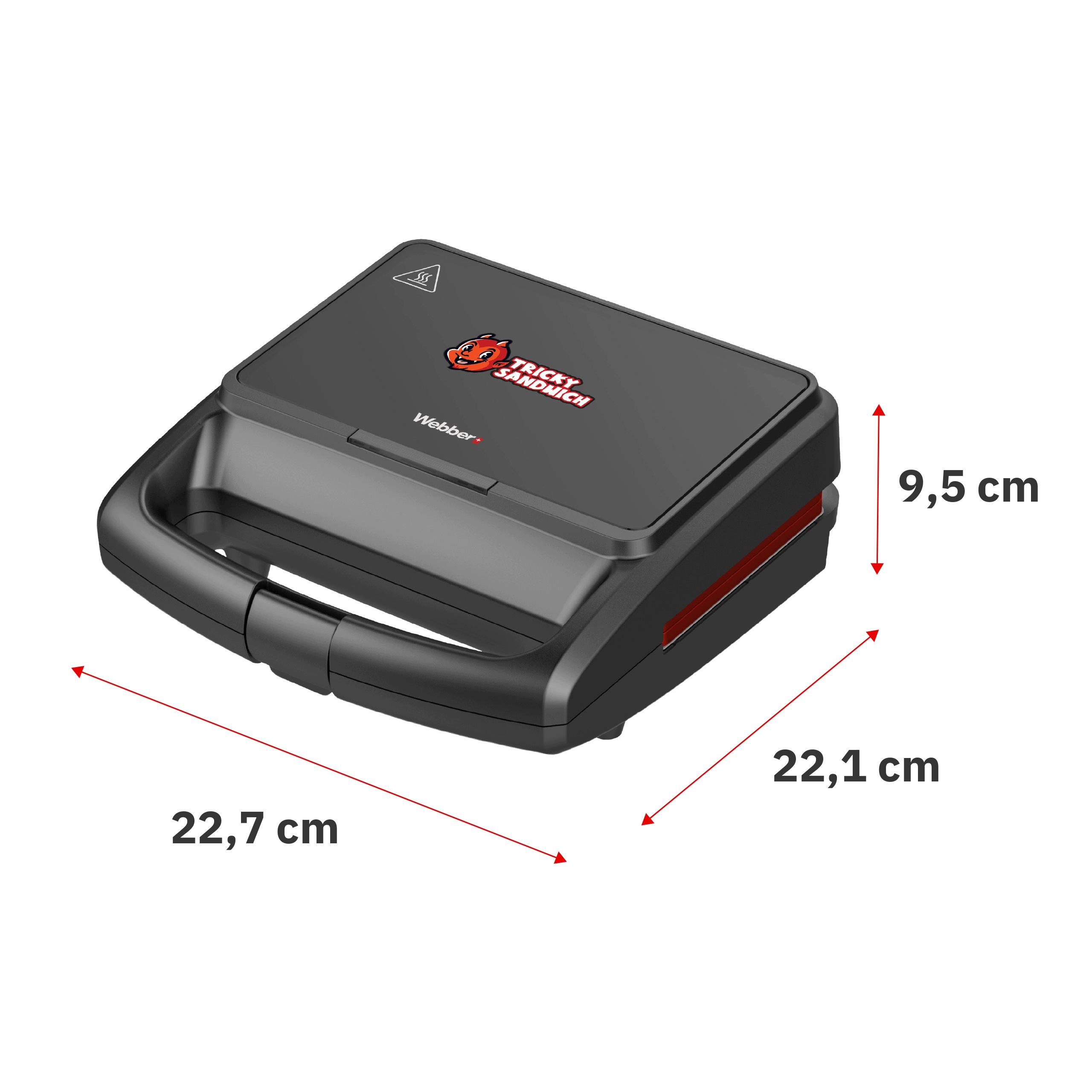 Schwarzer Sandwichmaker Tricky Sandwich mit Maßen: 22,7x22,1x9,5 cm auf weißem Hintergrund.
