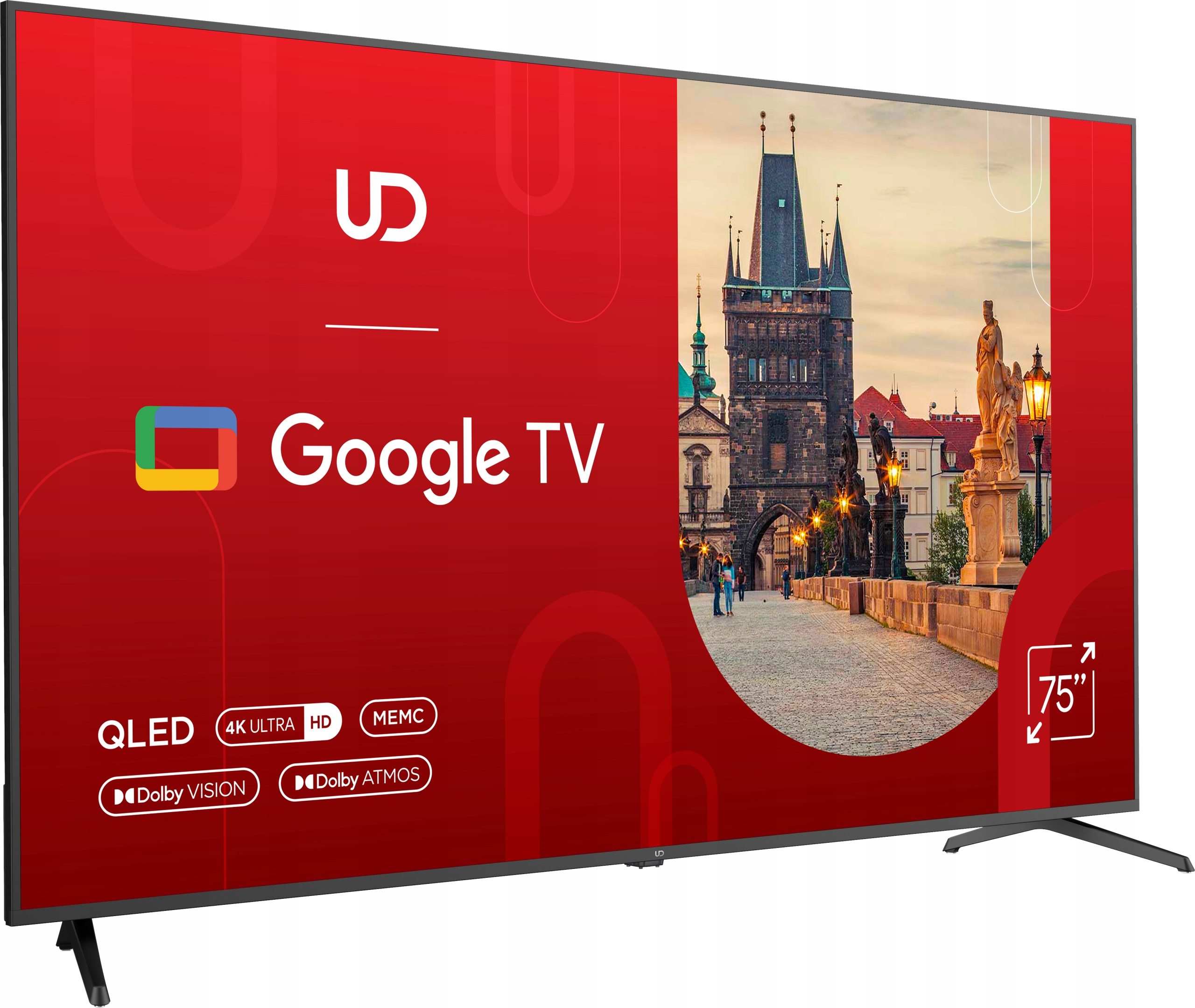 75-calowy QLED Google TV wyświetla widok miasta z wieżą w tle.