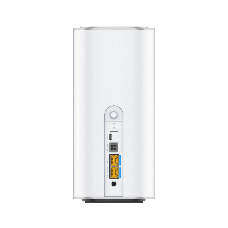 Tył białego routera z portami USB, telefonu, LAN i WAN.