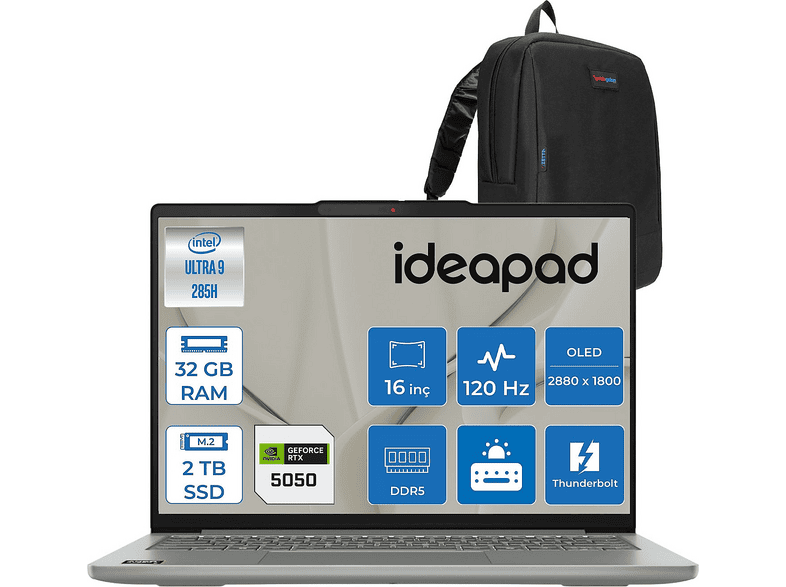 LENOVO IdeaPad Pro 5 DDR5 8GB/RTX5050 83JM004WTRF14 Intel Core Ultra 9 285H 32 GB RAM 2 TB SSD 16 inç FreeDOS Laptop+Çanta Luna Gri