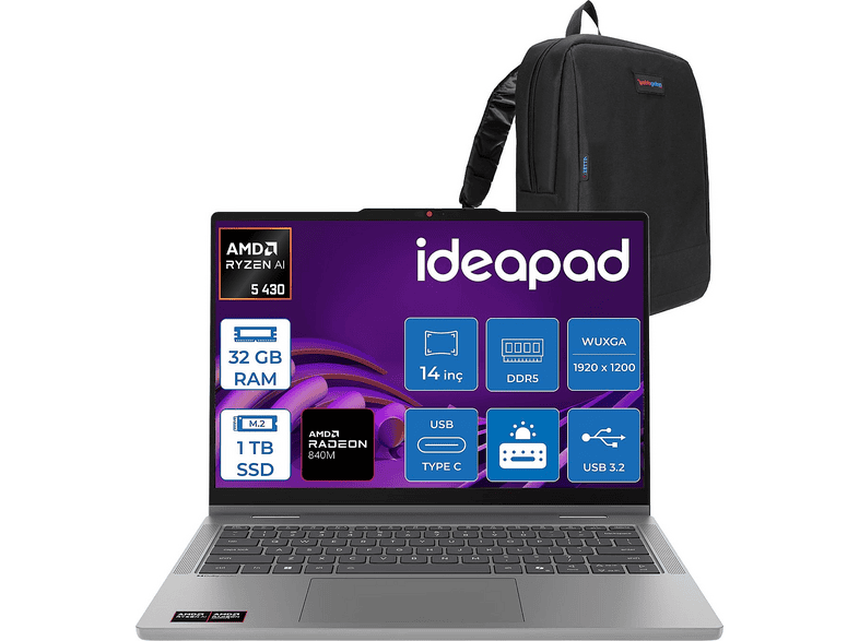LENOVO IdeaPad 5 2'si 1 Arada DDR5 Radeon840M 43014AGP11F13 AMD Ryzen AI 5 430 32 GB RAM 1 TB SSD 14 inç FreeDOS Laptop+Çanta Luna Gri
