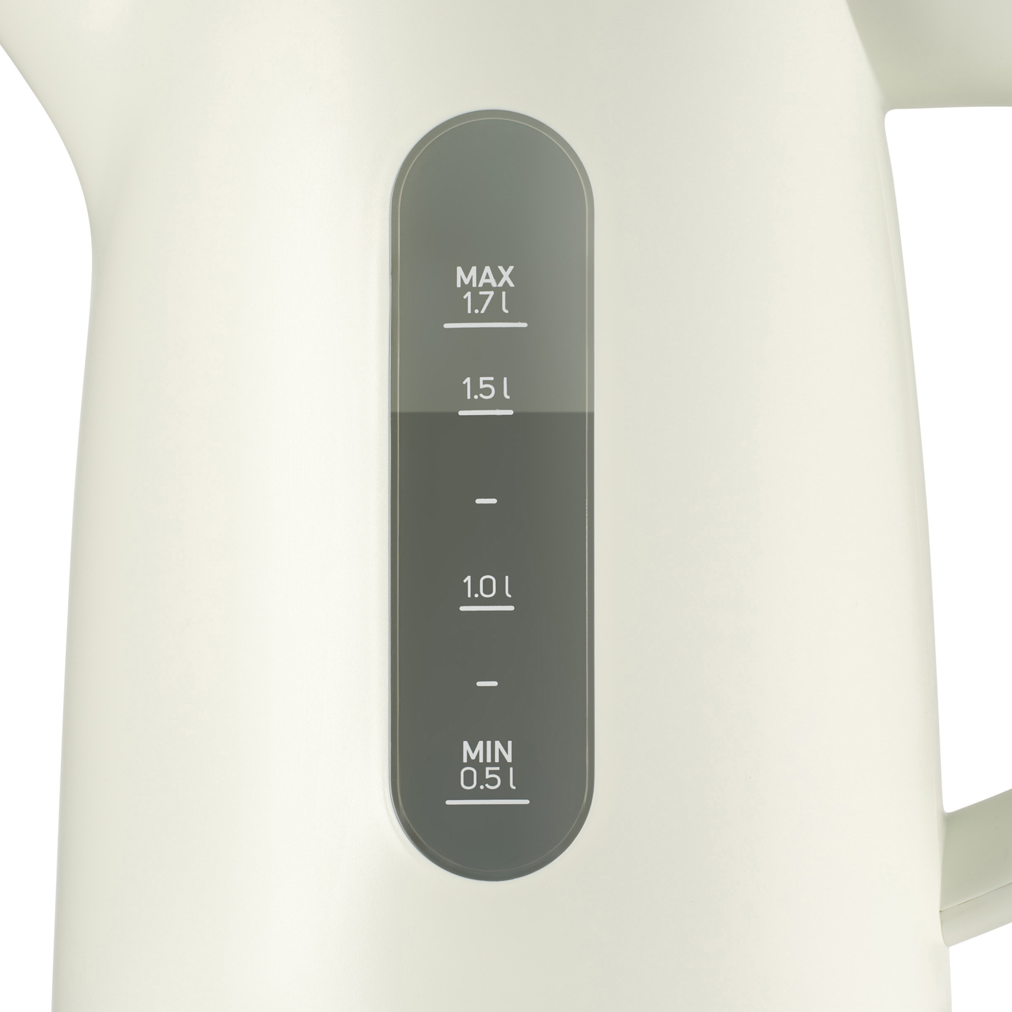 Wskaźnik poziomu wody na białym urządzeniu z oznaczeniami od MAX 1,7L do MIN 0,5L.