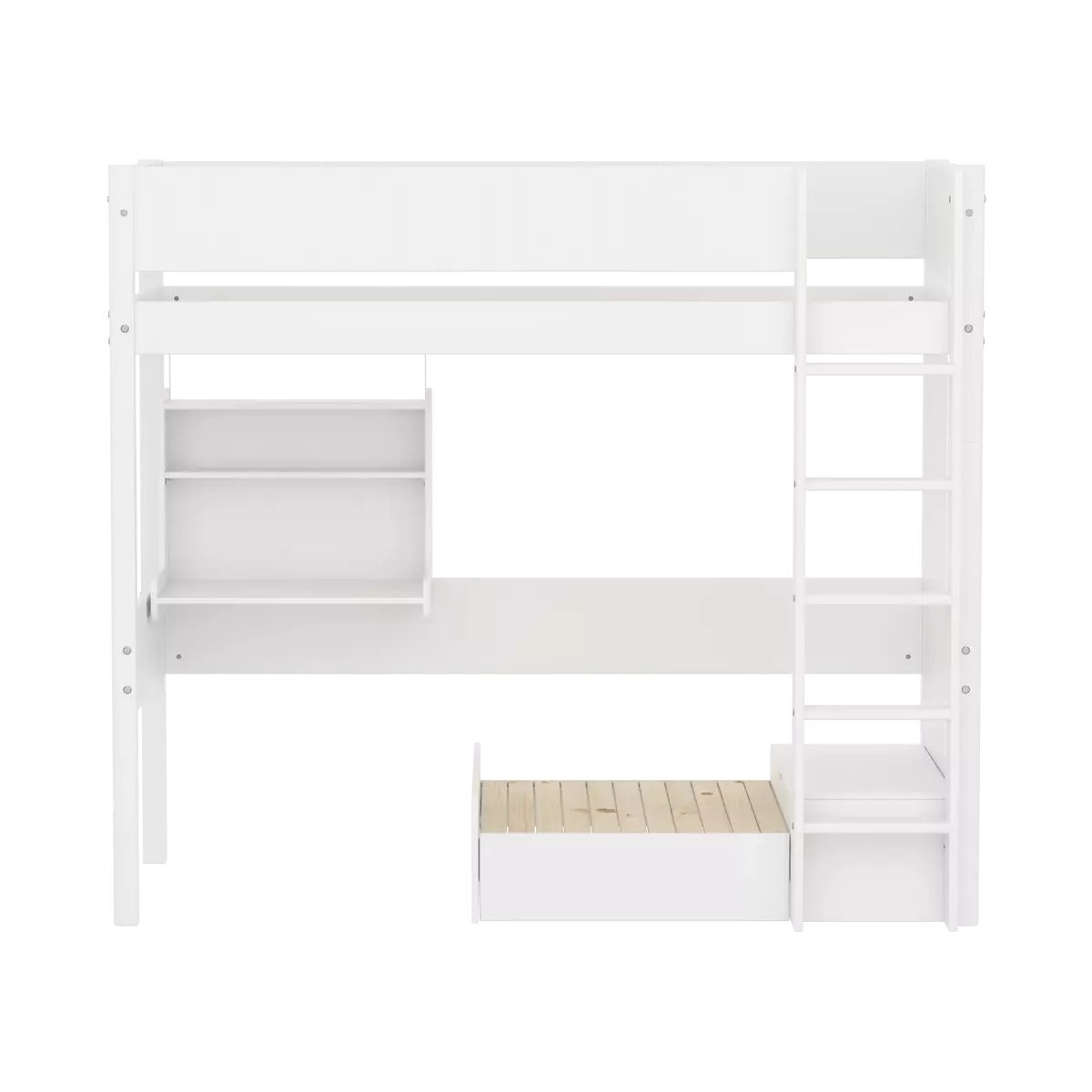 Weißes Etagenbett mit integriertem Regal, Schreibtisch und Leiter gegen weiße Wand.