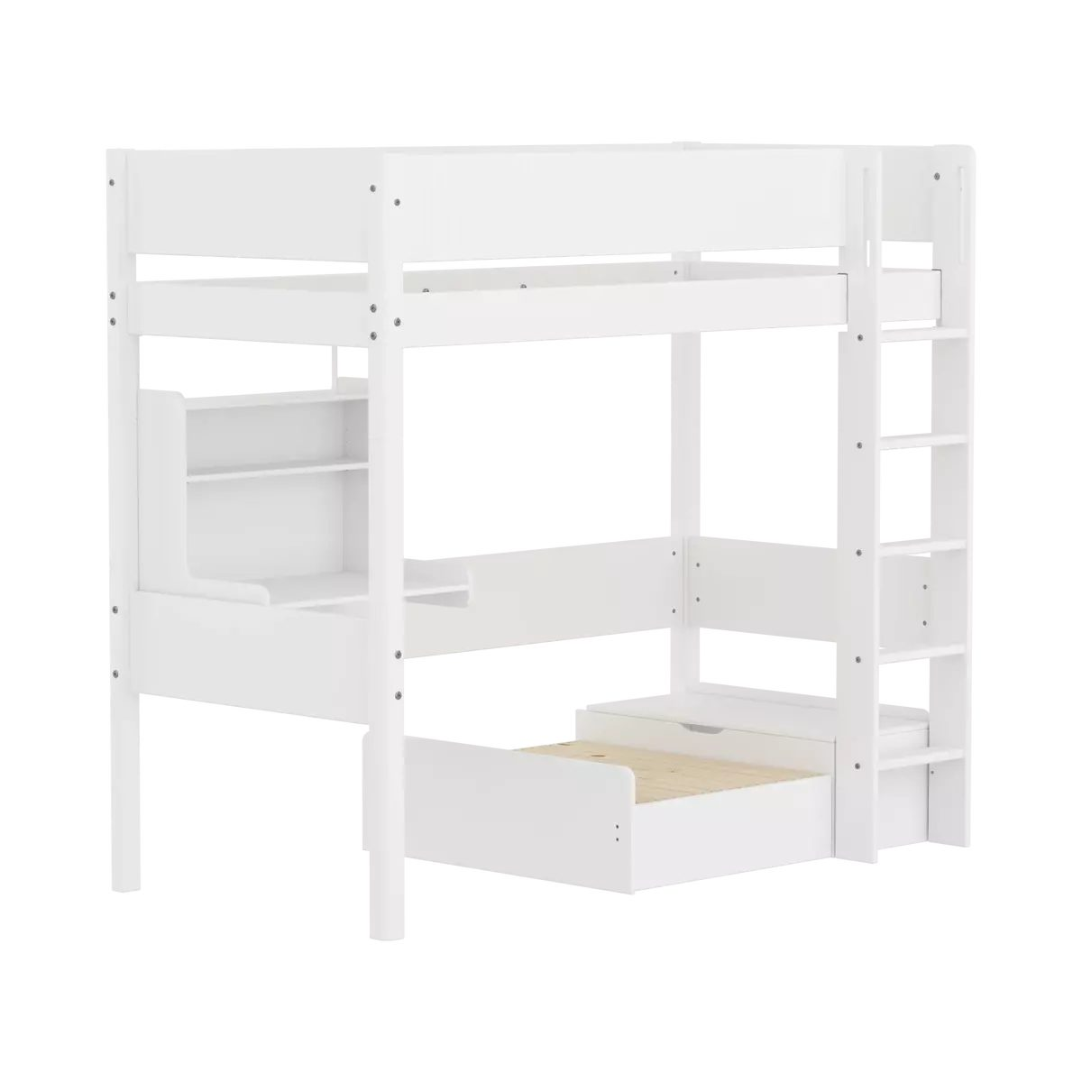 Weißes Etagenbett mit integriertem Regal, Schreibtisch und einer Ausziehbettkiste auf Rollen am Fußende.