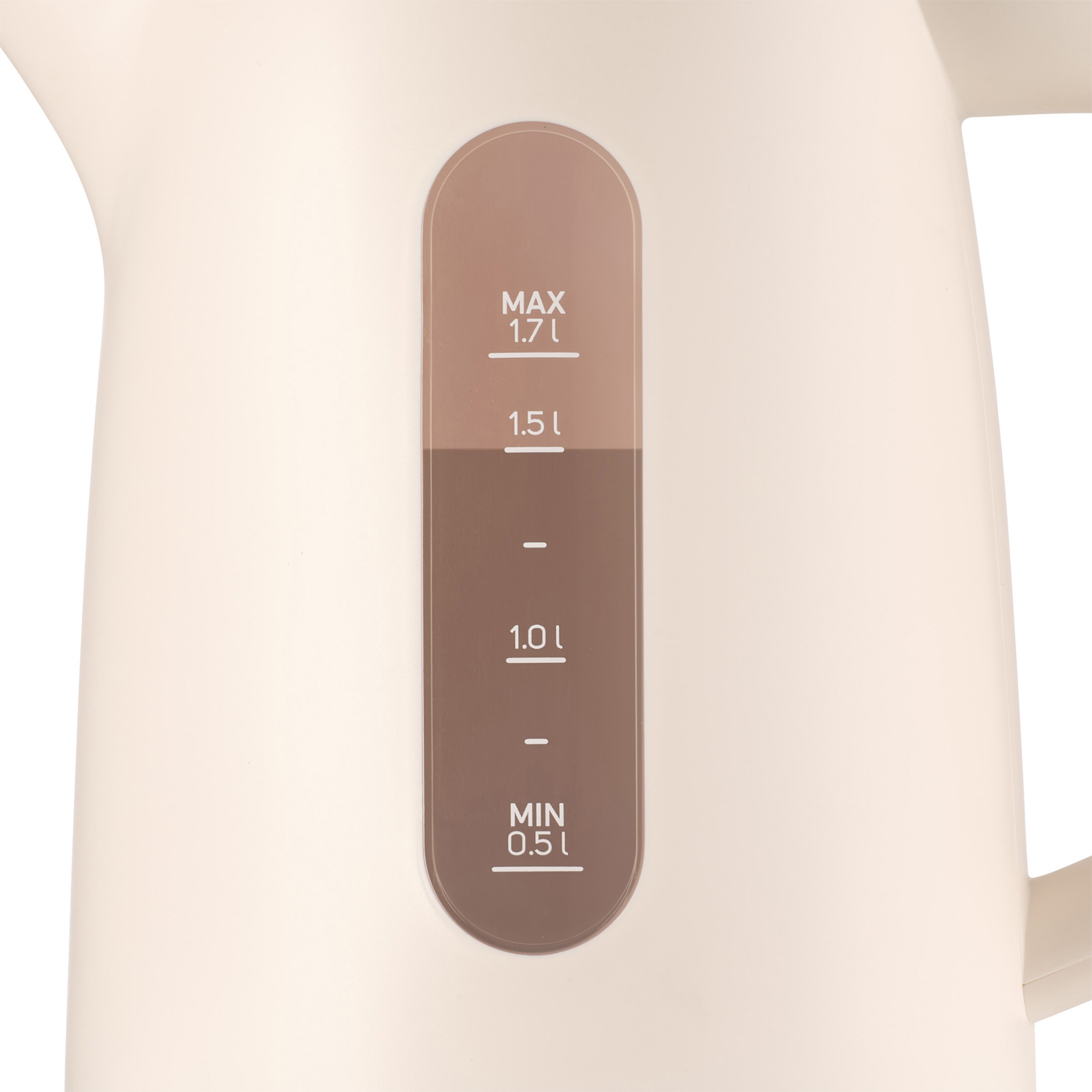 Wskaźnik poziomu wody na beżowym czajniku z oznaczeniami od MAX 1,7 l do MIN 0,5 l.