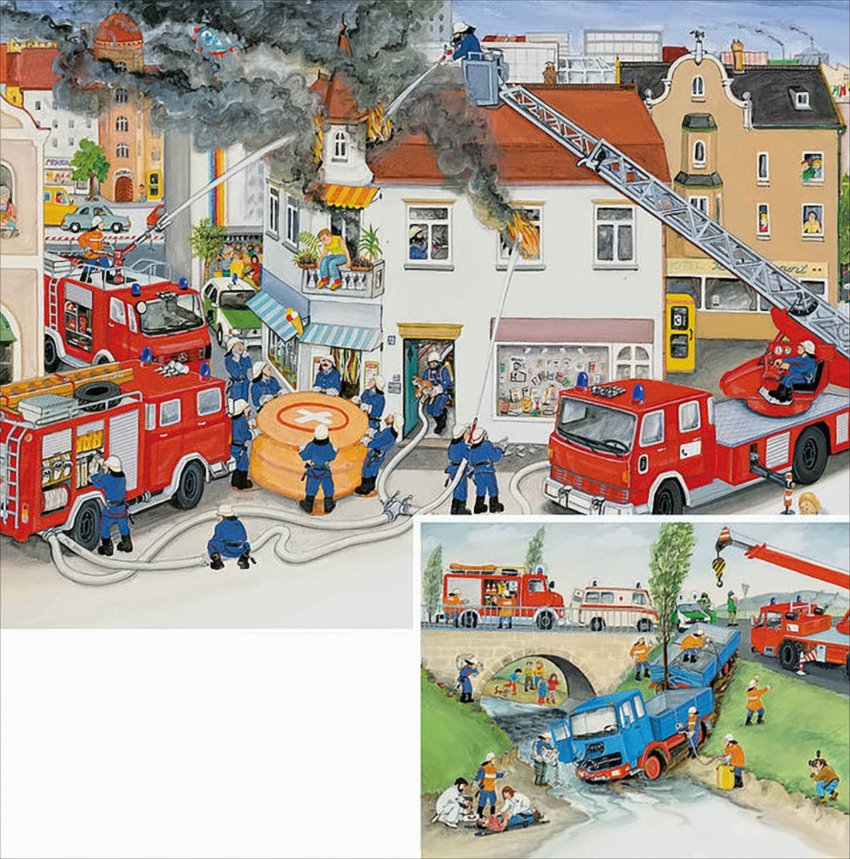 Feuerwehrleute löschen ein brennendes Gebäude, während ein Lkw in eine Schlucht gestürzt ist.