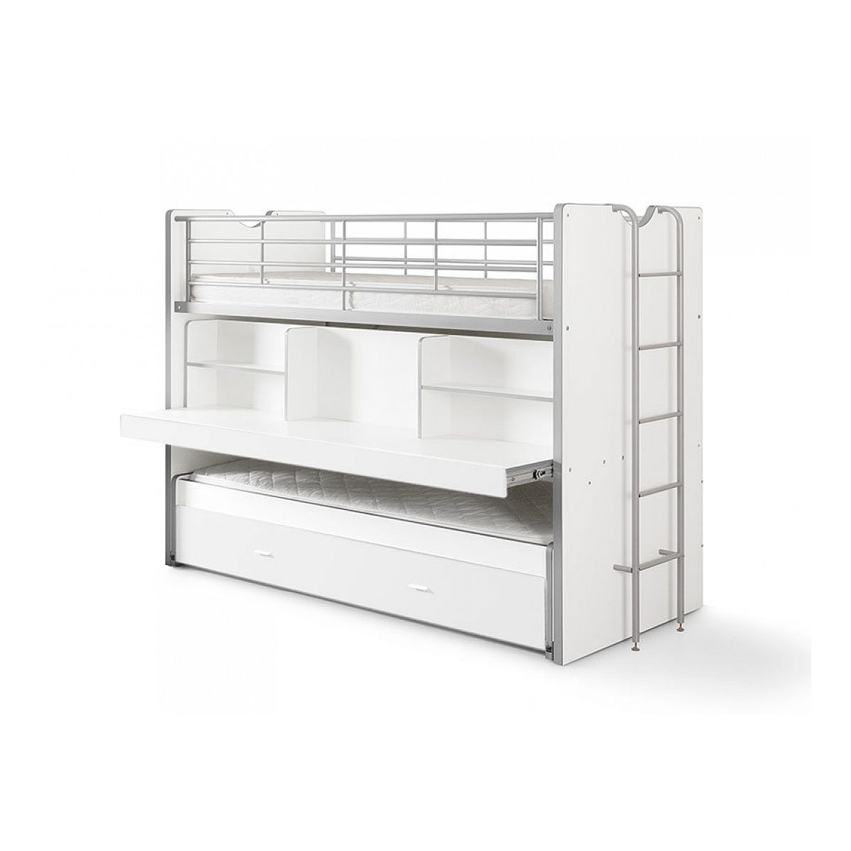 Ein weißes Etagenbett mit integriertem Schreibtisch, Regalen und einer Leiter auf weißem Hintergrund.