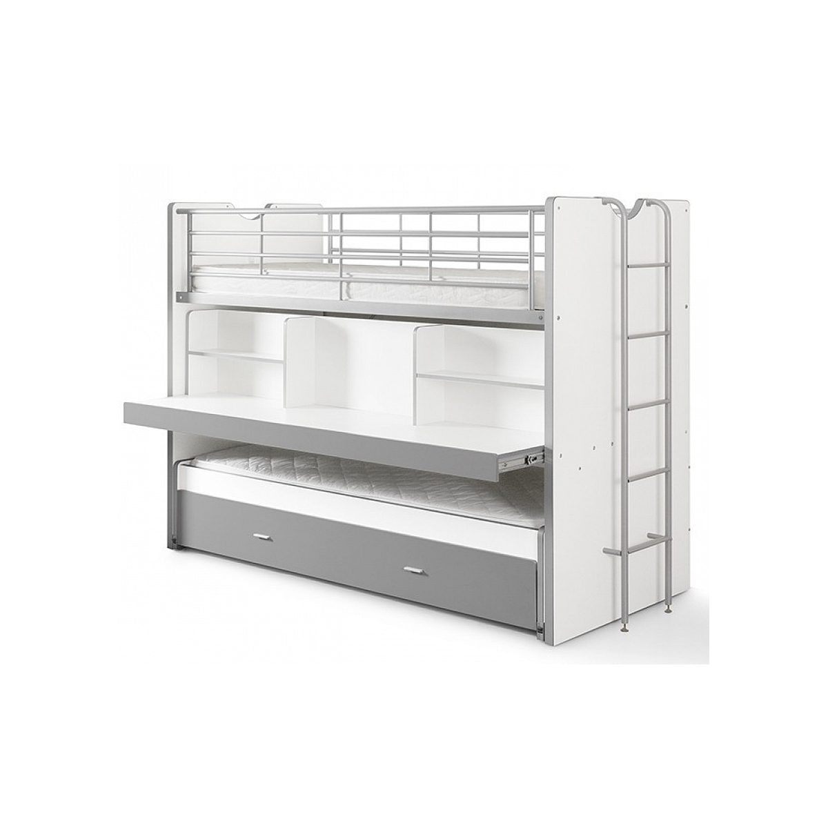 Weiß-graues Etagenbett mit integriertem Schreibtisch, Regalen und ausziehbarem Unterbett vor weißem Hintergrund.