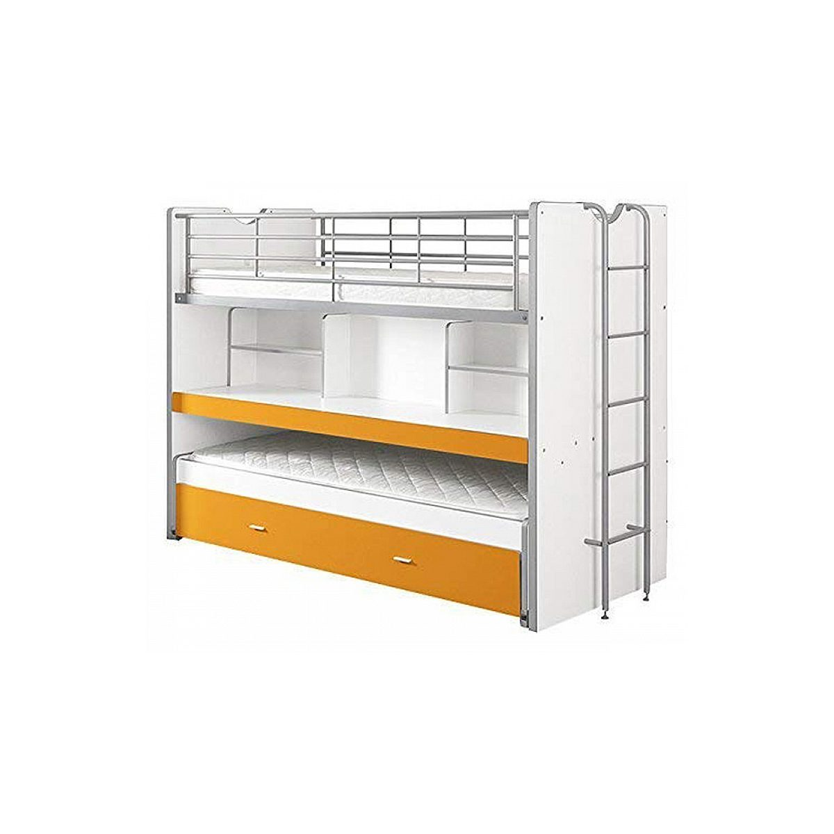 Weiß-oranger Etagenbett mit Metallleiter, Regalen und Ausziehbett vor weißem Hintergrund.