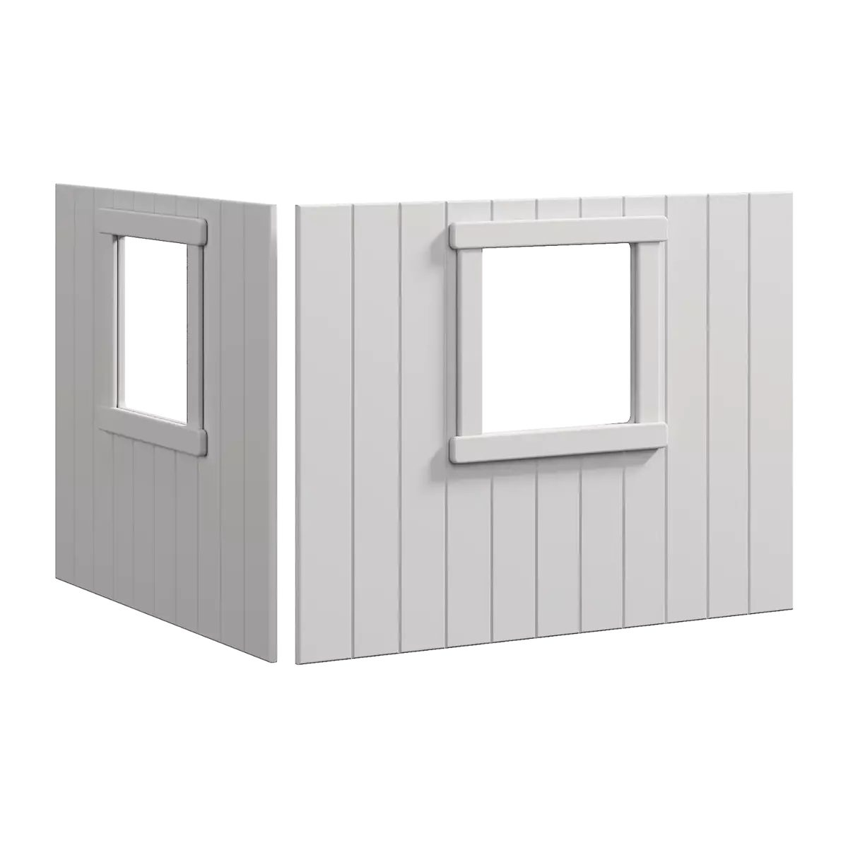 Zwei weiße Holzpaneelwände mit Fenstern auf weißem Hintergrund.