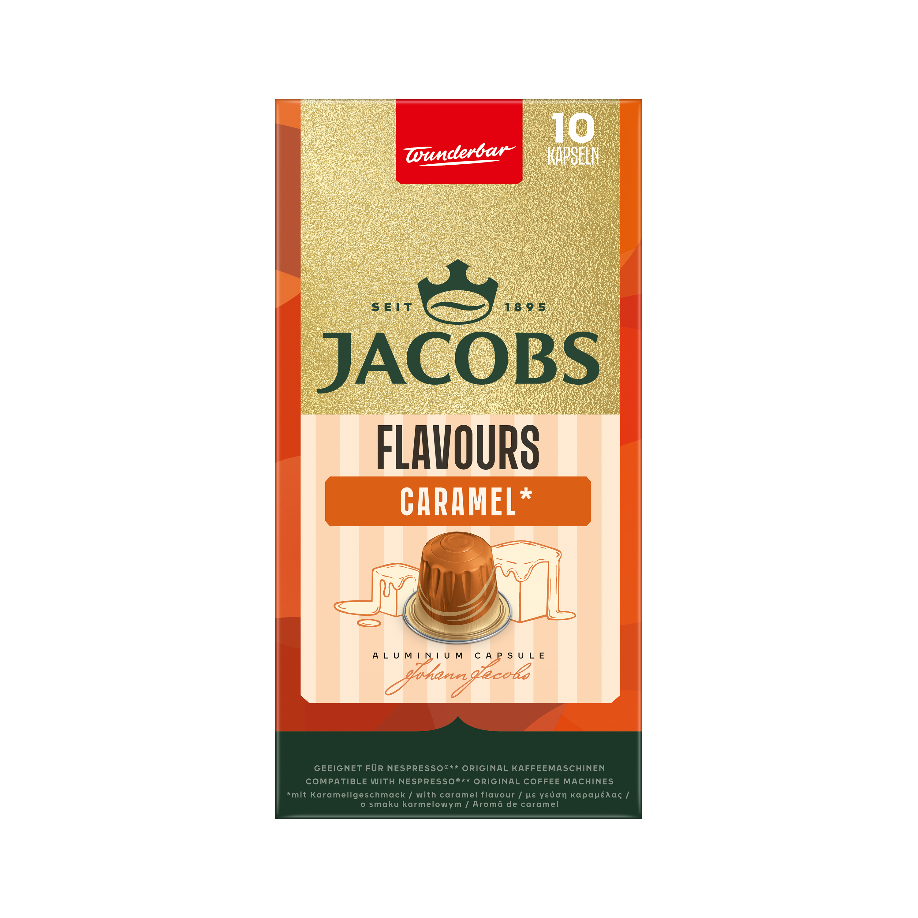 Jacobs Caramel Kaffeekapselverpackung in Gold und Orange mit einer Kaffeekapselgrafik.