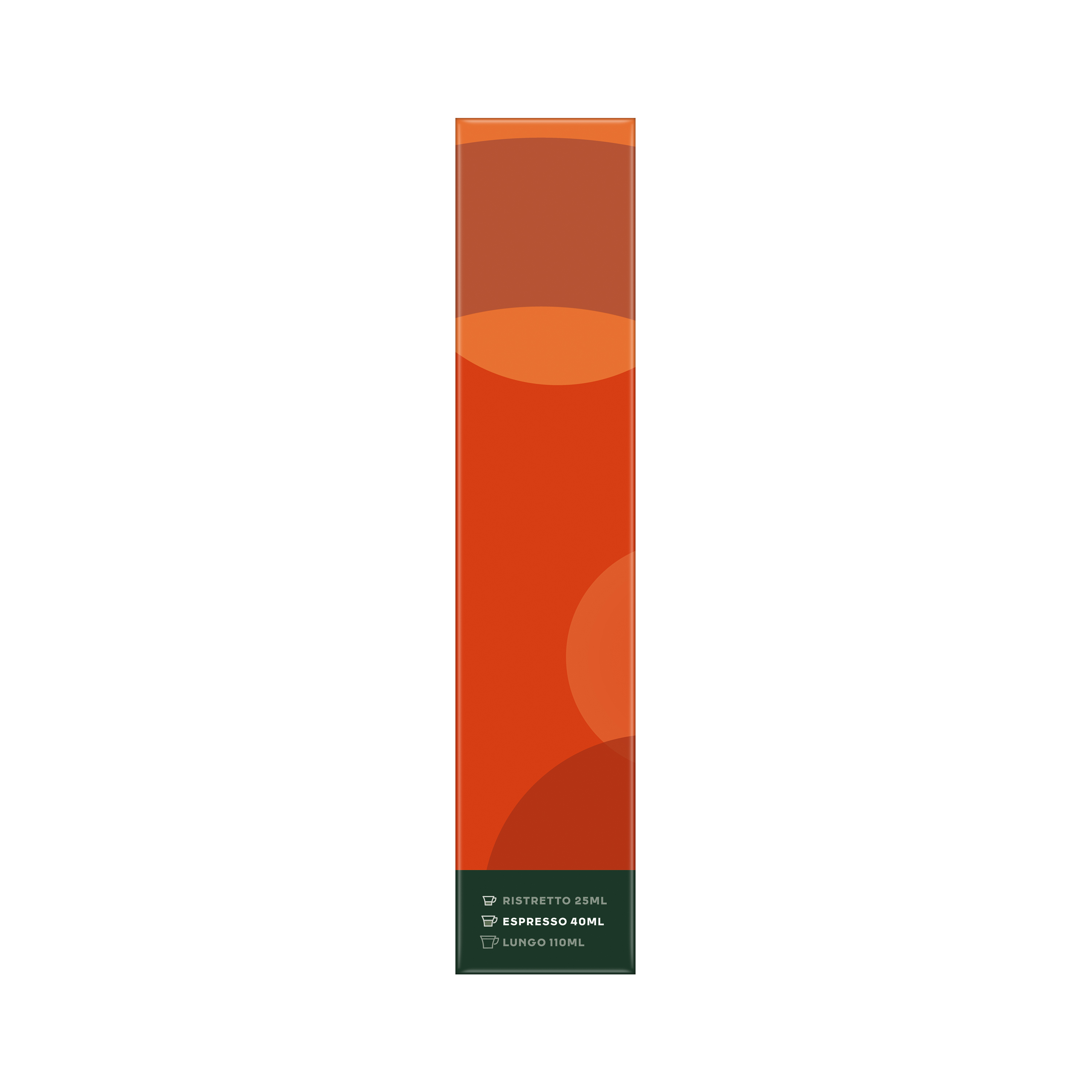 Eine orange-braune Kaffeekapselverpackung mit Tassensymbolen und Text für Ristretto, Espresso und Lungo unten.