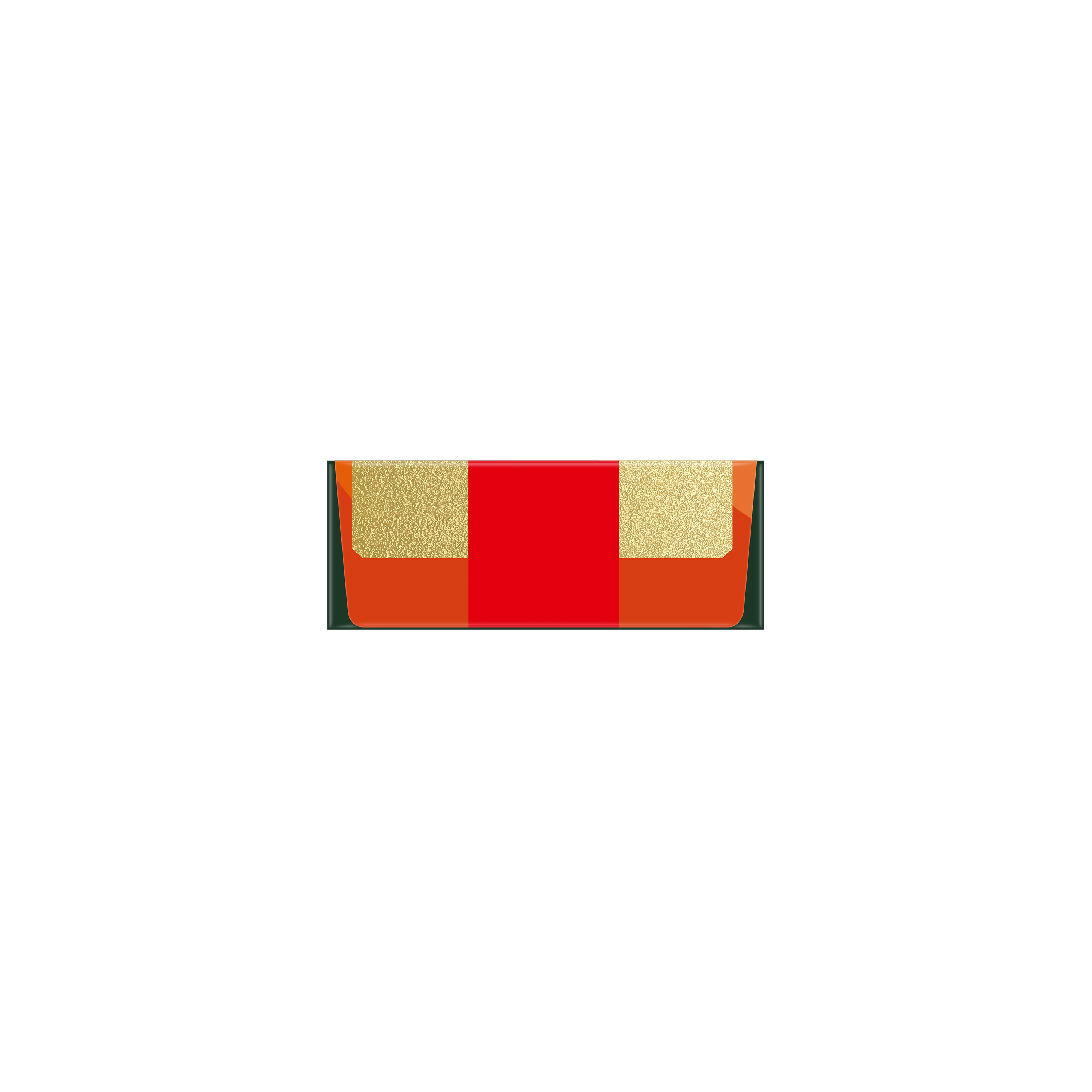 Ein rechteckiges Etui in Rot, Orange und Gold mit einer dunklen Umrandung auf weißem Hintergrund.