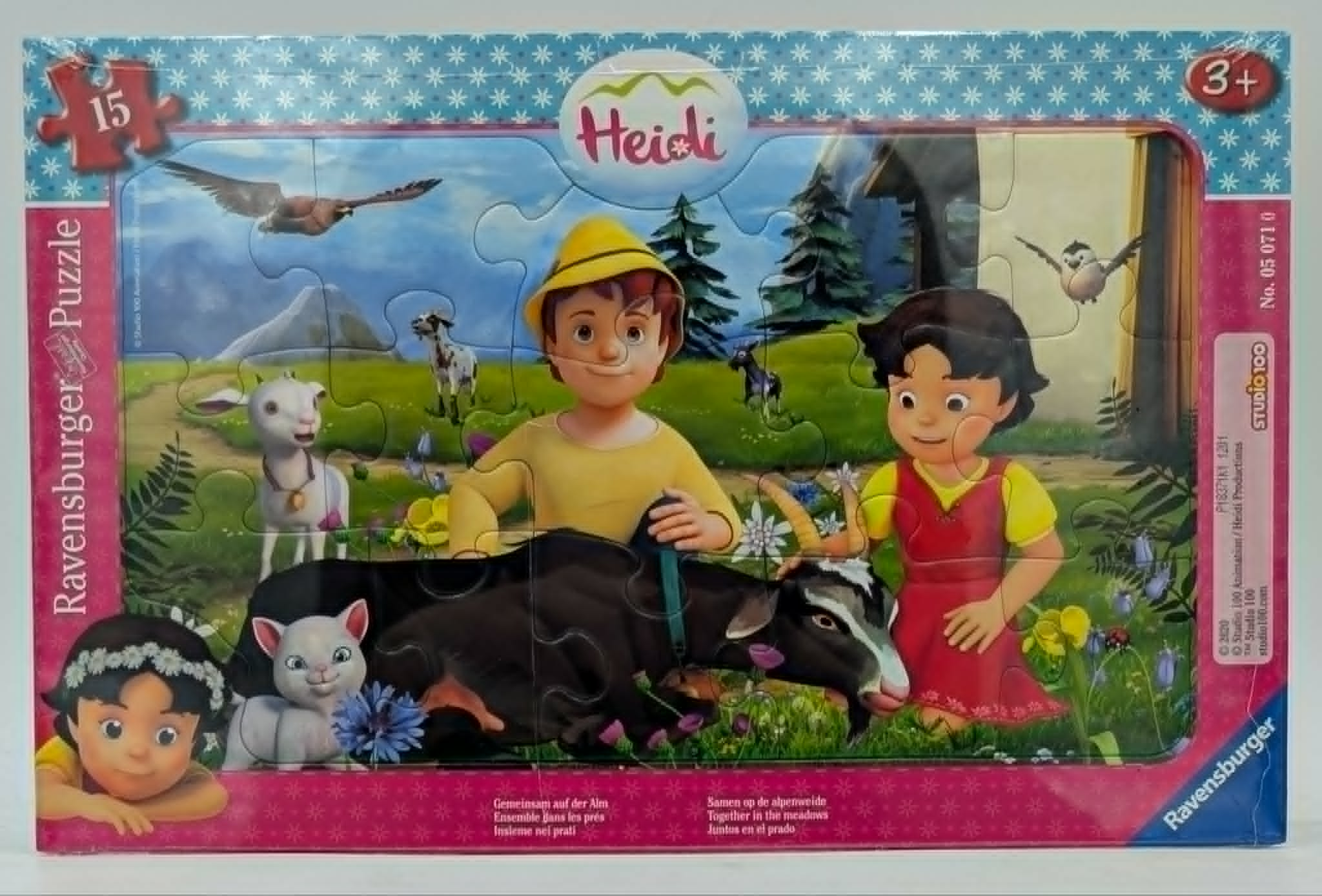 Ravensburger Heidi-Puzzle mit 15 Teilen zeigt Heidi, Peter und Tiere in einer Alp-Landschaft.