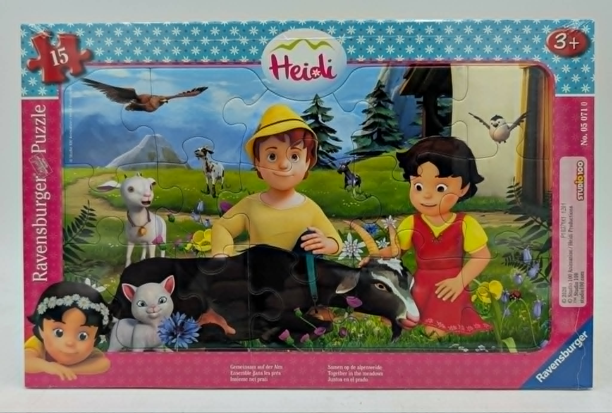 Heidi-Kinderpuzzle mit Peter, Heidi, Tieren und Berglandschaft in bunten Farben.